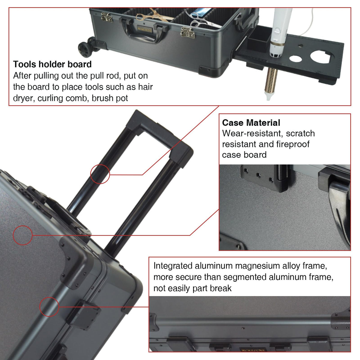 RUKEJUNE Rolling Makeup Train Case with Mirror and Lights Cosmetic Travel Box Mobile Barber Stations with Bluetooth, Speaker, Wheels, Stands