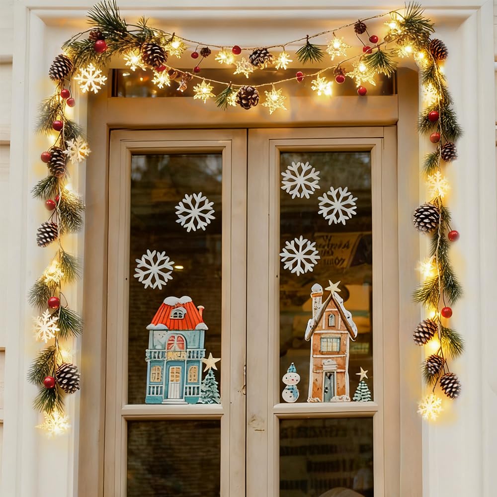 HiPiiy Christmas Garland with Snowflake Lights,9.8 Ft, Dual USB & Battery Powered, Pinecones & Red Berries, Perfect for Christmas, Wedding Parties, Fireplaces, Bedrooms, Indoor Outdoor Office Decor.
