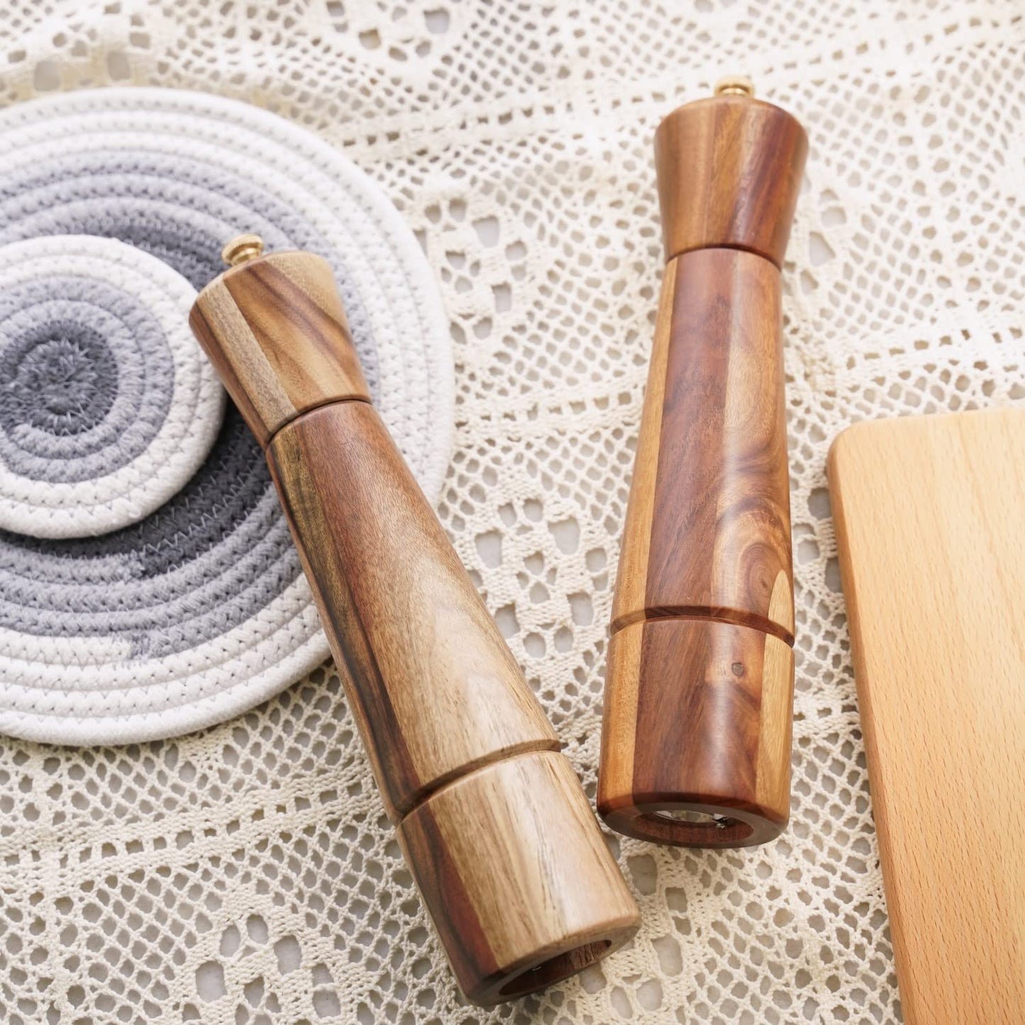 DeroTeno Salt and Pepper Mill Set with Tray, Adjustable Ceramic Grinder Salt Mill, Stainless Steel Grinder Pepper Mill, Acacia Wood, 27 cm / 10 inch Height, Bottom Dia 6 cm (Tray is Included)