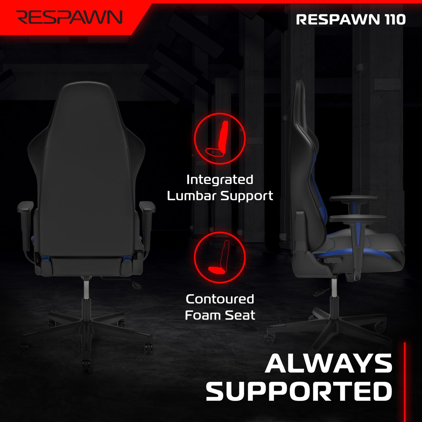 Respawn 110 Ergonomic Gaming Chair - Reclining Office Video Game Swivel Chair with Lumbar Support, Headrest, Heavy Duty, High Back, Racing Style Gaming Recliner Seat for Computer Gamer - Blue