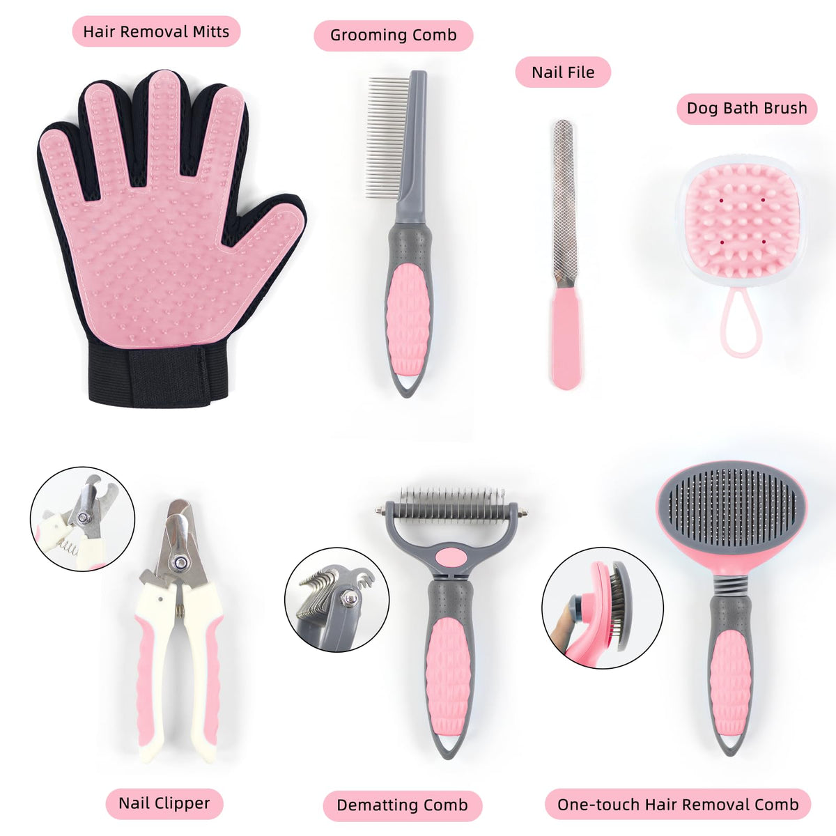 Wisedog Dog Grooming Kit 7PCS - Cat Nail Clipper with Nail File, Dematting Comb for Dogs, Flea Comb, Bath Brush, Hair Removal Mitts (Upgraded Pink)