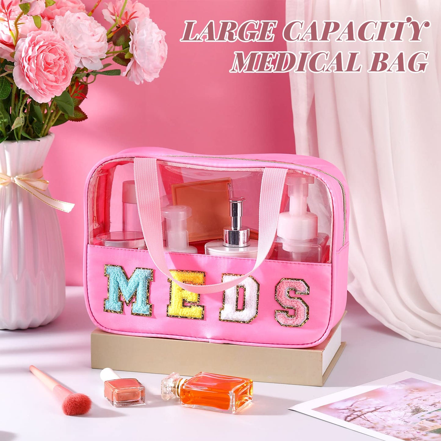 Silkfly Chenille Letter Medicine Meds Medical Bag Makeup First Aid Bag for Travel Preppy PVC Nylon Emergency Patch Cosmetic Toiletry Storage Pouch Waterproof with Handle Zipper for Women(Classic)