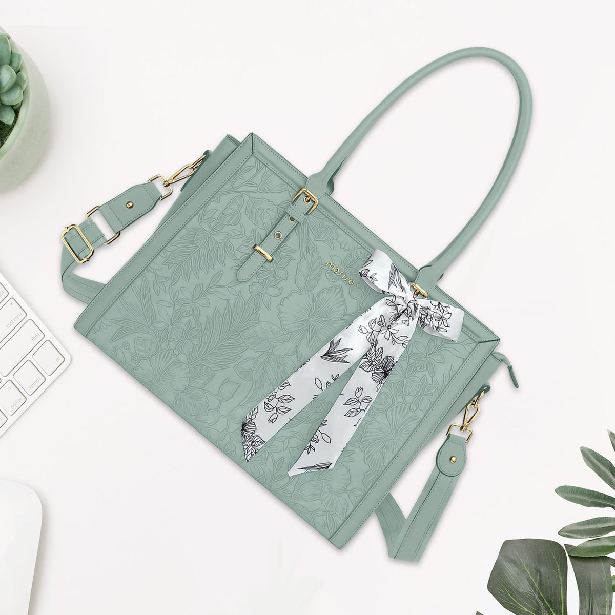 MOSISO Laptop Bag for Women, 15.6-16 inch PU Leather Tote Bag Compatible with MacBook, HP, Dell, Asus Notebook, Front Embossed Retro Hibiscus Computer Bags with Silk Scarf&Clutch Purse, Antique Green