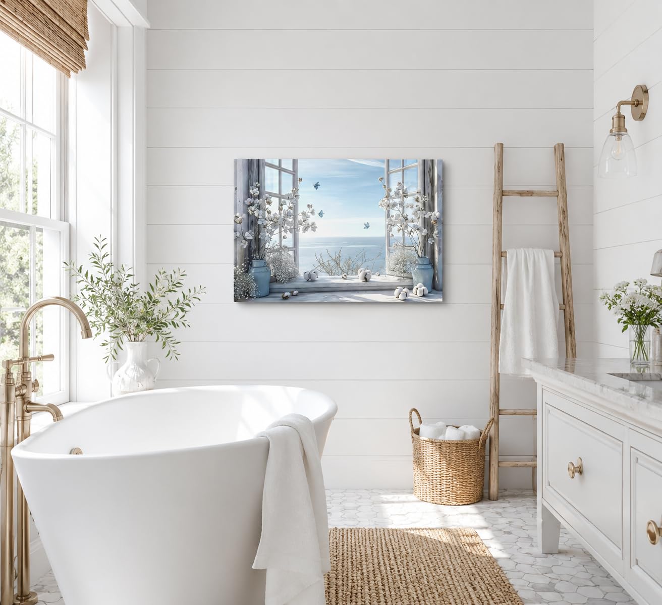 Coastal Flower Bathroom Canvas Wall Art Farmhouse Cotton Bouquet and Butterfly Bathroom on Window Wall Decor Rustic Blue Beach Butterfly Poster Print for Living Room Bedroom Restroom Home Decoration
