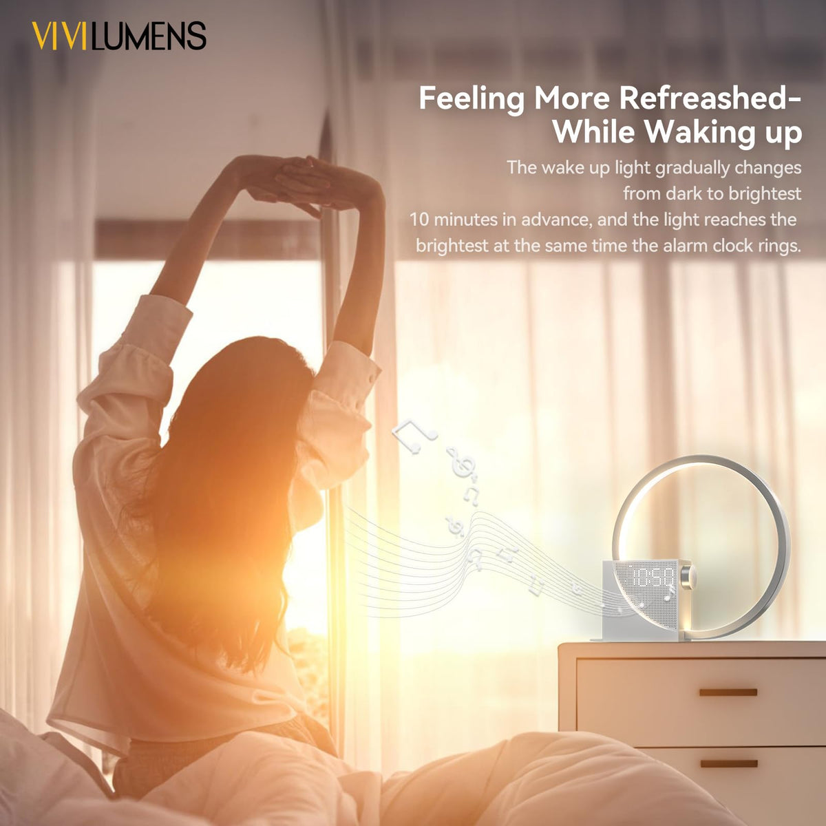 Vivilumens Sunrise Digital Alarm Clock, White Noise Sound Machine, Sleep Aid Timer with USB Port, Dimmable Digital Clocks Display, Snooze,10 Ringtones for Heavy Sleepers, Bedroom Decor Gifts for Women