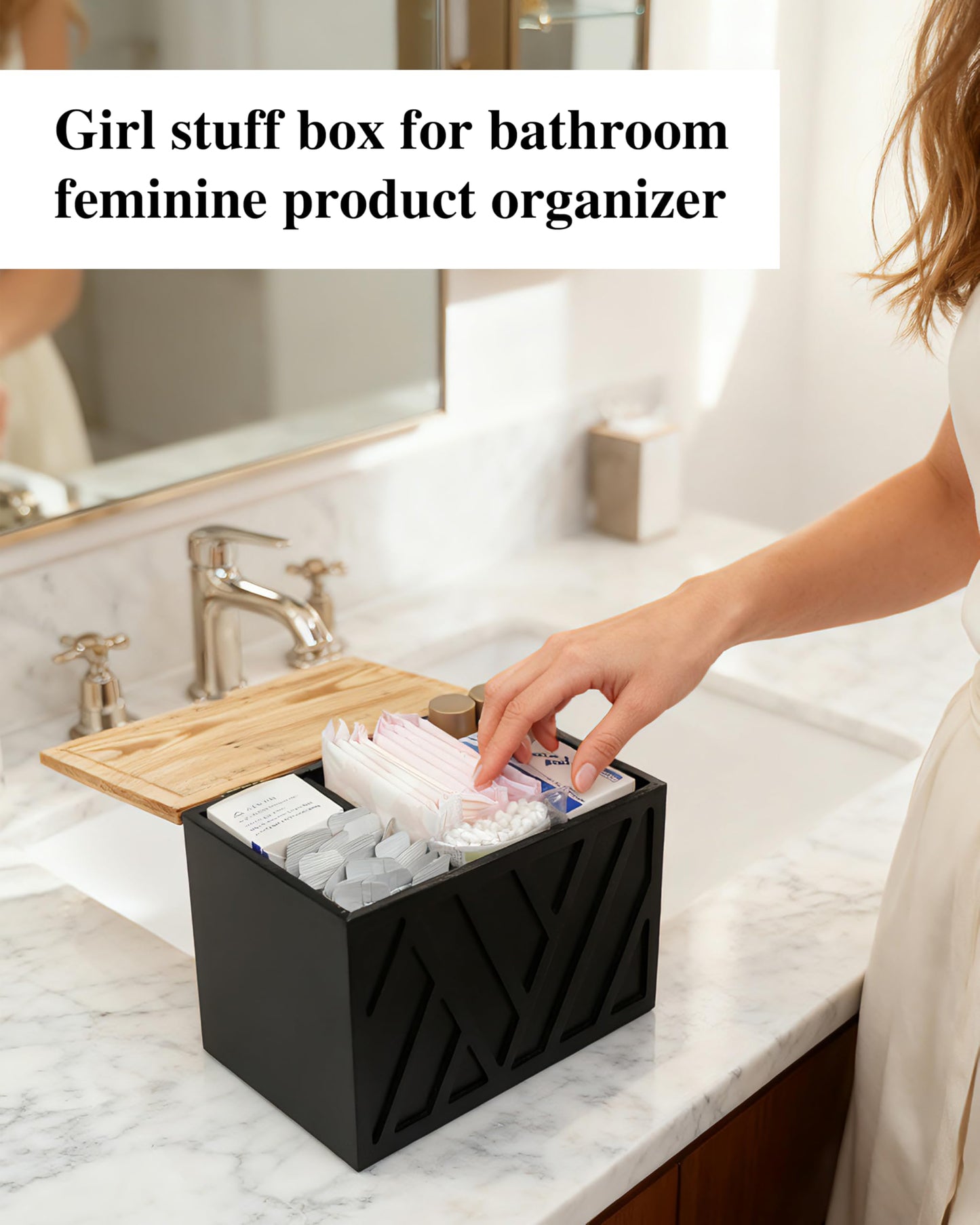 KeepTwenty Tampon Holder for Bathroom Decor Feminine Product Organizer With Lid Shark Week Box Wooden Pad Girl Stuff Box (BLACK, lid) (1, BLACK)