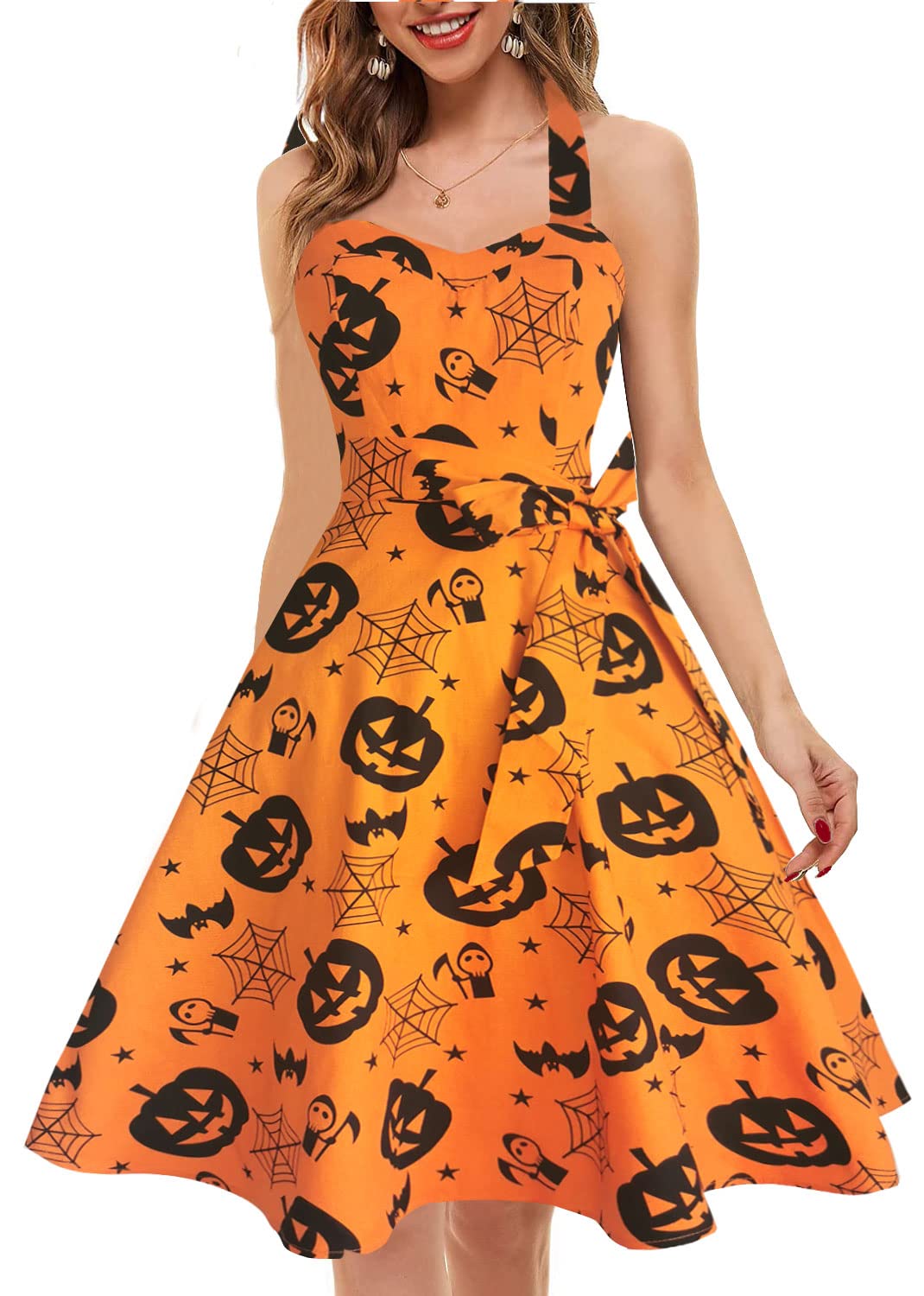 Topdress Women's Vintage Polka Audrey Dress 1950s Halter Retro Cocktail Dress Pumpkin M