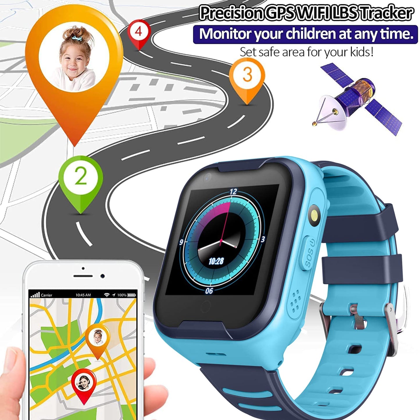 TEZILON Kids 4G GPS Smart Watch Real-Time Tracking Two-Way Phone Call GPS Tracker Waterproof Touchscreen Watch with Camera SOS Emergency Alarm Pedometer Tracker Watch Christmas Birthday 3-15 Present