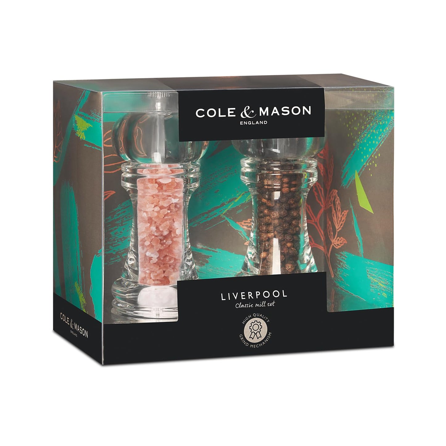 Cole & Mason Liverpool 5.5" Acrylic Salt & Pepper Mill Set with Himalayan Salt - Salt & Pepper Mills - Kitchen & Home Essentials - Refillable Salt & Pepper Sets - Acrylic Spice Mills