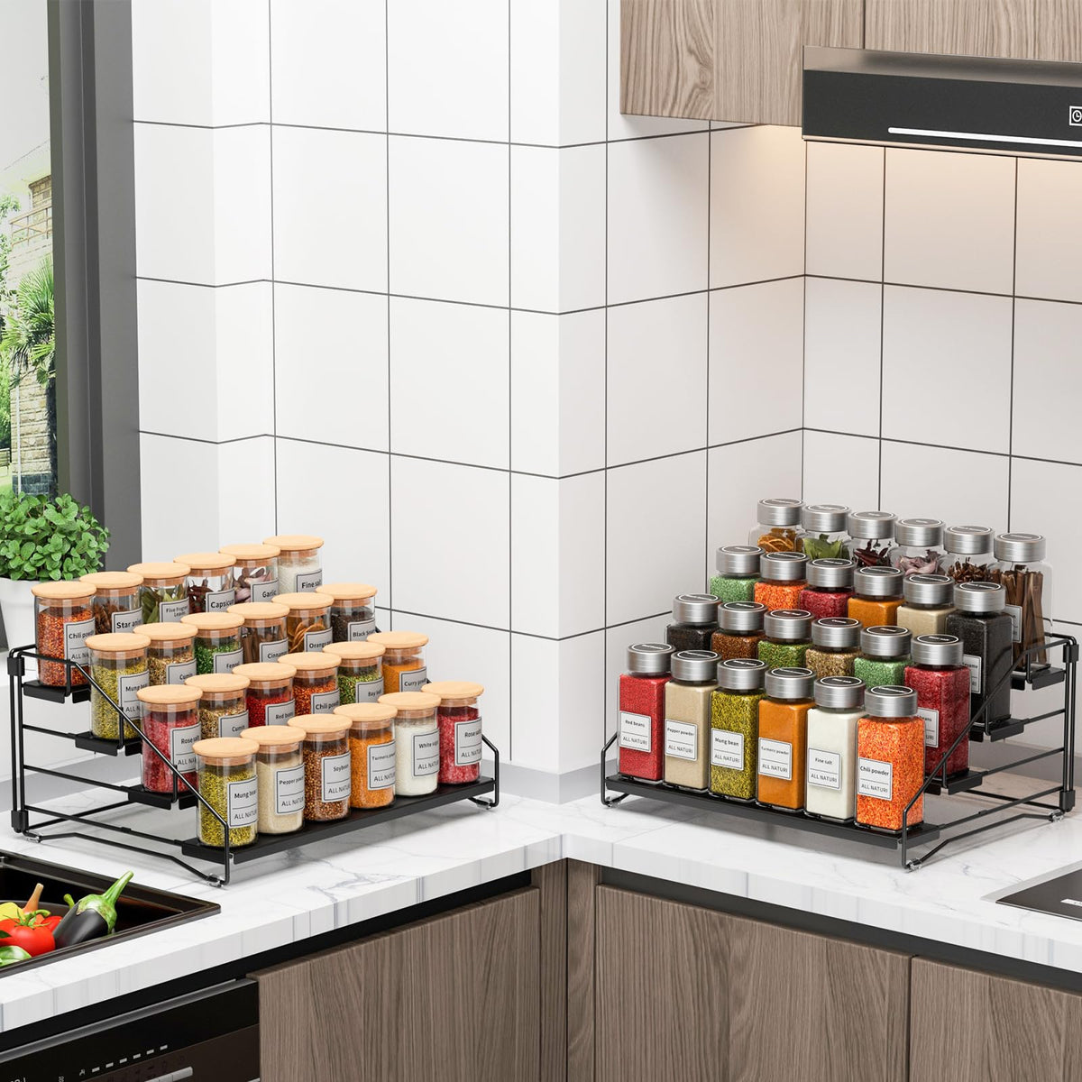 RCHYFEED Spice Rack Organizer for Cabinet Pantry,4 Tier Spice Rack Countertop, Depth Adjustable Spice Organization for Cabinet,Tierd Seasoning Organizer for Cabinet(Black, 1Pack)
