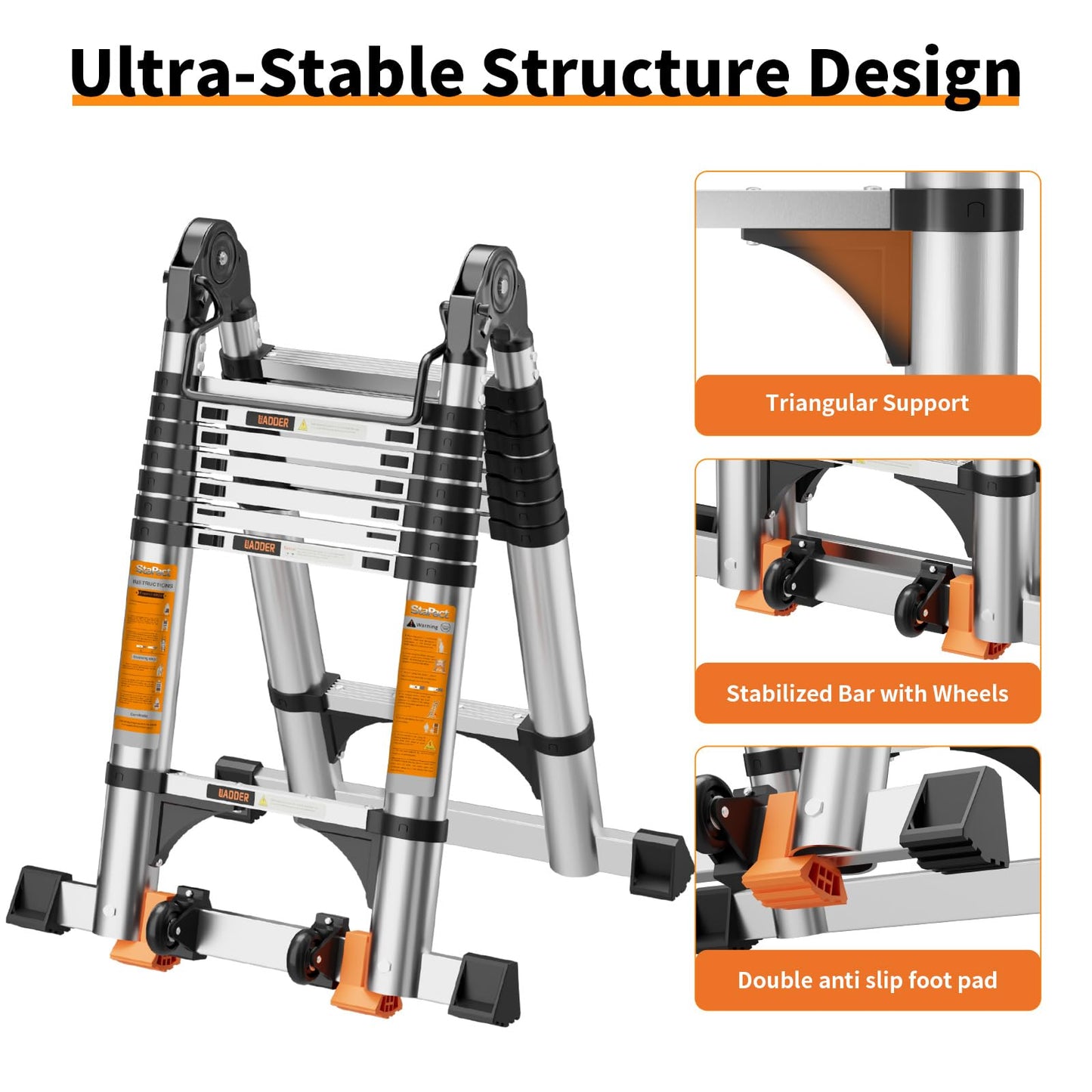 Telescoping Ladder A Frame,Telescopic Ladder for Home, Roof, RV,12.5 Ft Aluminum Extension Ladder with Balance Bar,Wheels and 2 Triangle Stabilizers,330 lb Capacity (12.5FT-A Frame PRO)