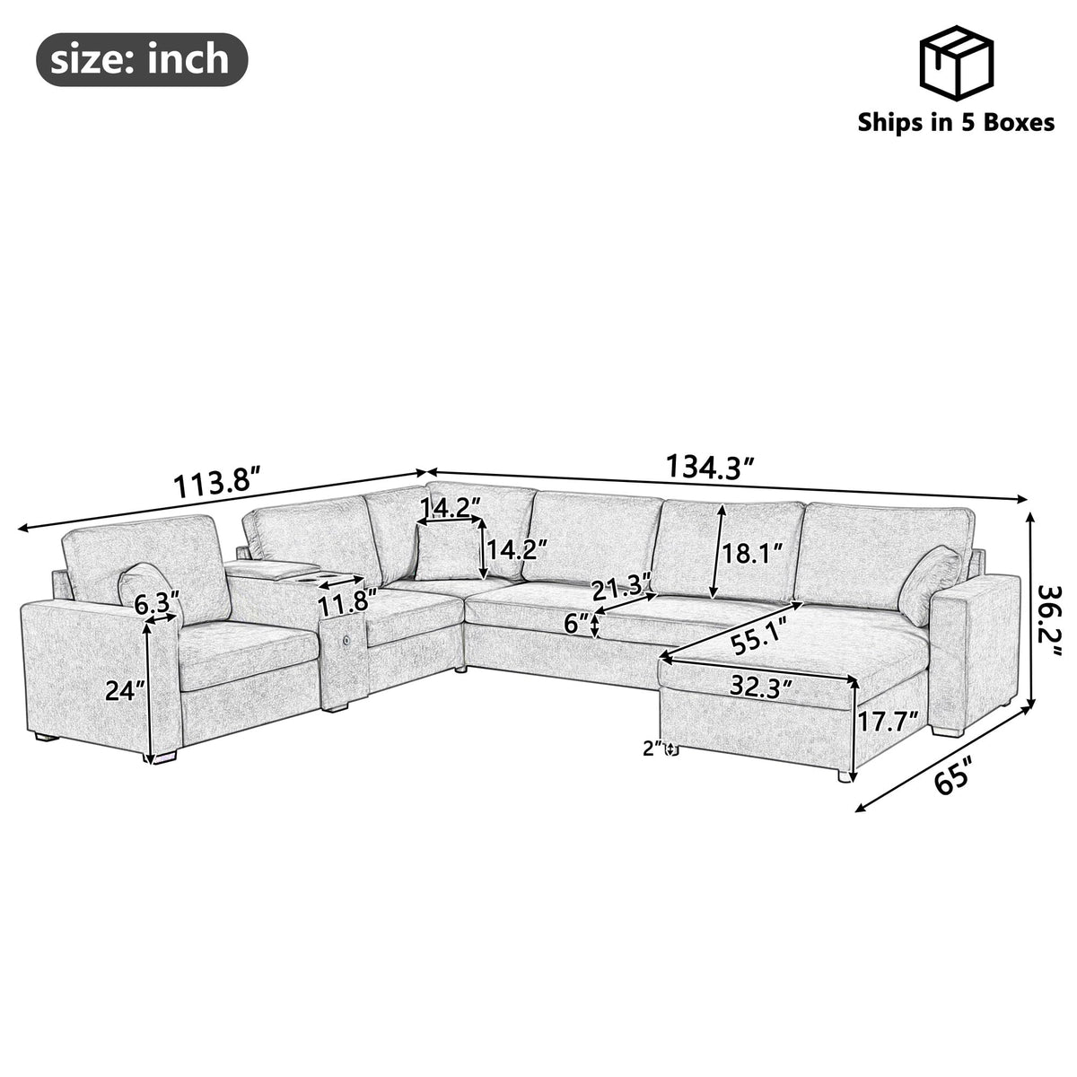 Merax Modern 134" Oversized Sectional Sofa with Piollows & Chaise Lounge, Chenille U‑Shaped Couch Set Sleeper Bed Built‑in Cup Holders, Storage Drawer for Living Room, Free Combination Black