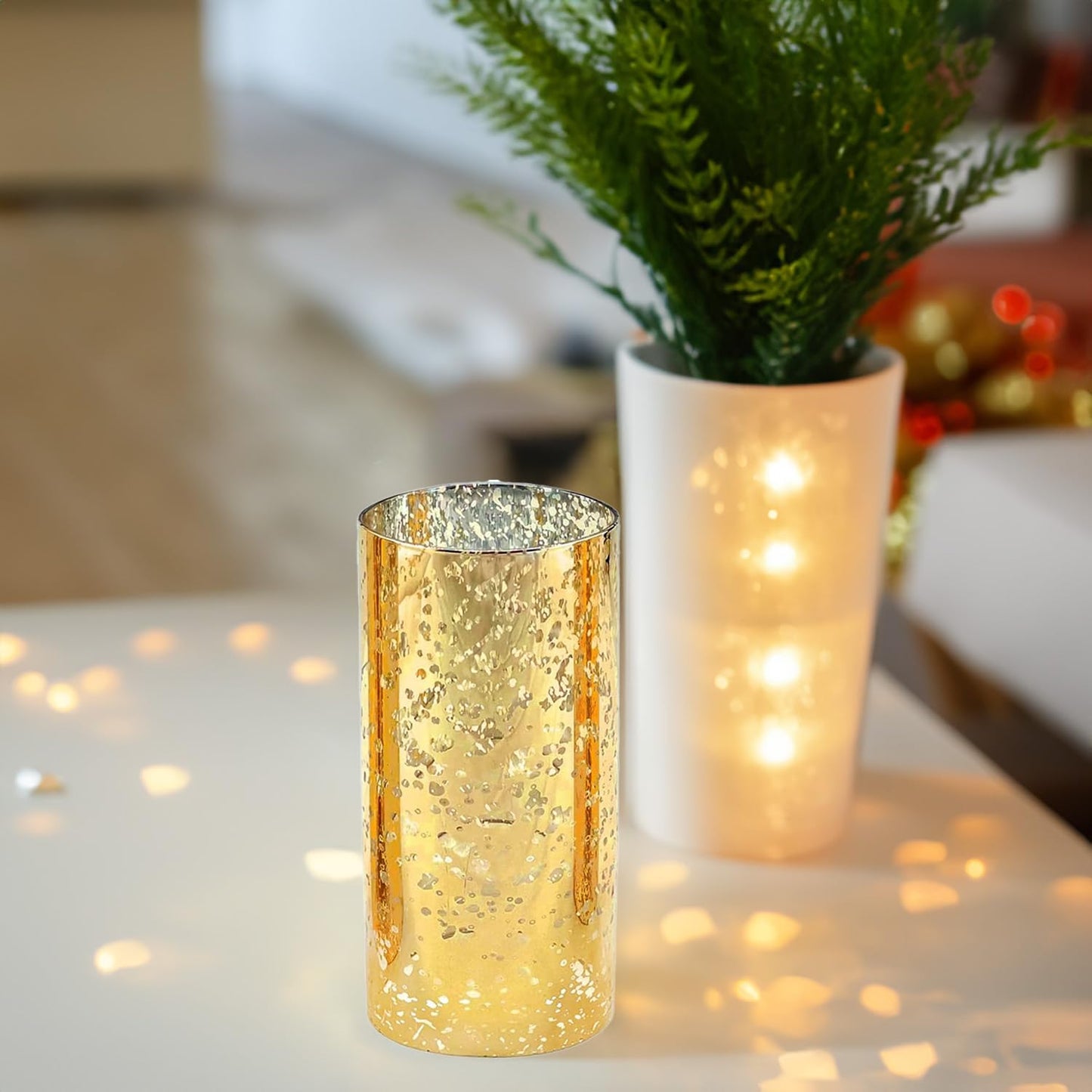 WGVI Hurricane Candle Holder Sleeve, W: 3", Ht: 6", Gold Speckled Glass Cylinder Open Both Ends, Chimney Tube Shade, 2 Pieces