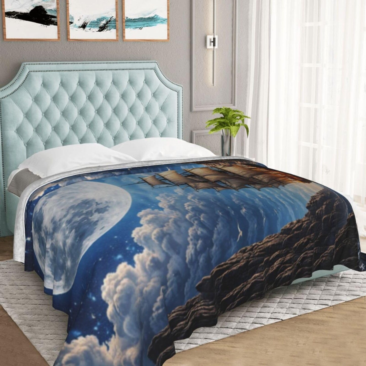 Qycazzw Moolit Sailing Ship Blanket Gifts for Women Kids, Ocean Lovers Flannel Blankets, Warm Cozy Soft Throw for Bedroom, Camping, Couch, Decor 50x60 in