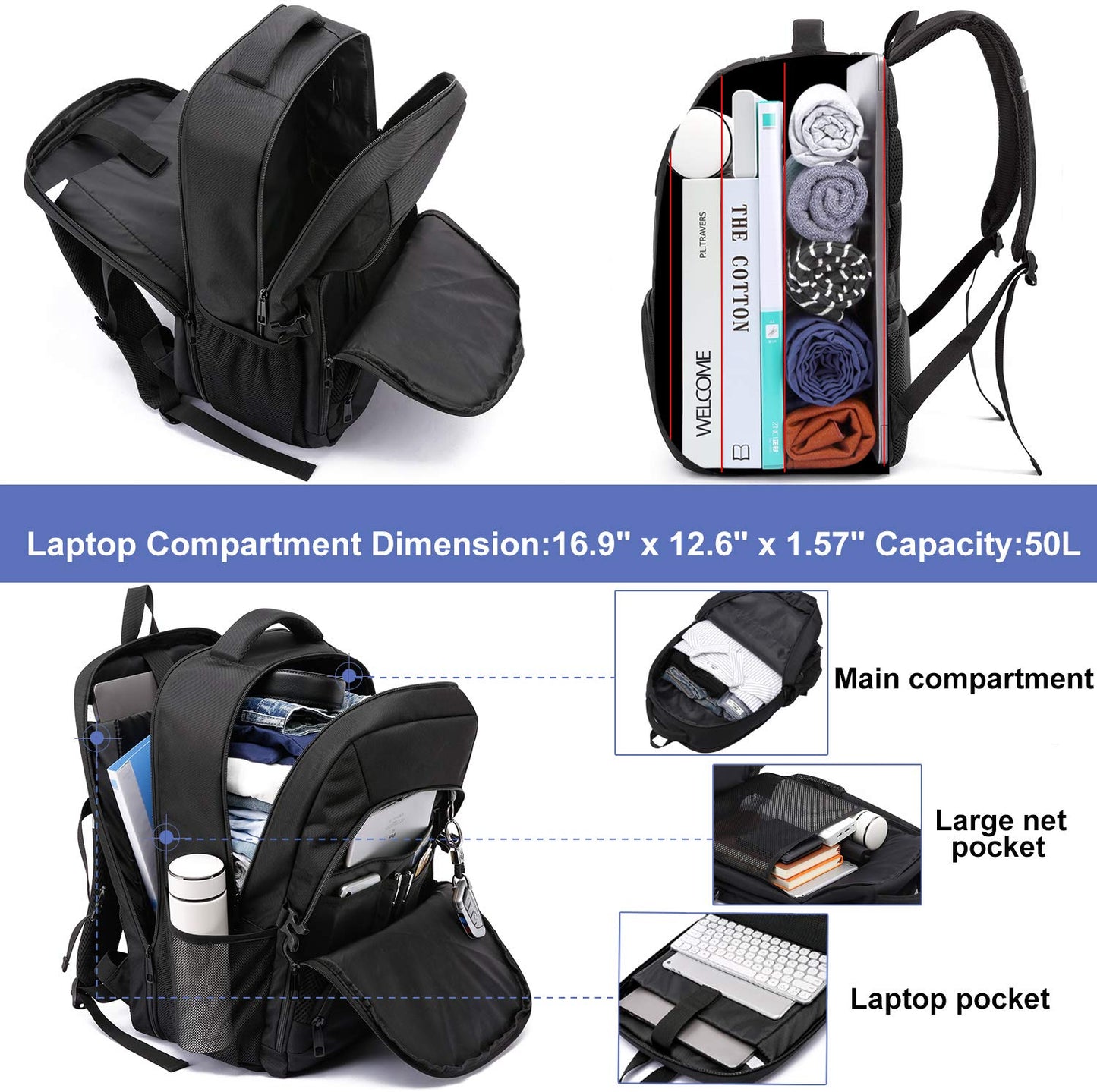 Extra Large 50L Travel Laptop Backpack,Water Resistant Work Backpack Bag with USB Charging Port,Anti Theft Big Business Backpack,College School Computer Rucksack for Men Women,Fits 17Inch Laptop-Black