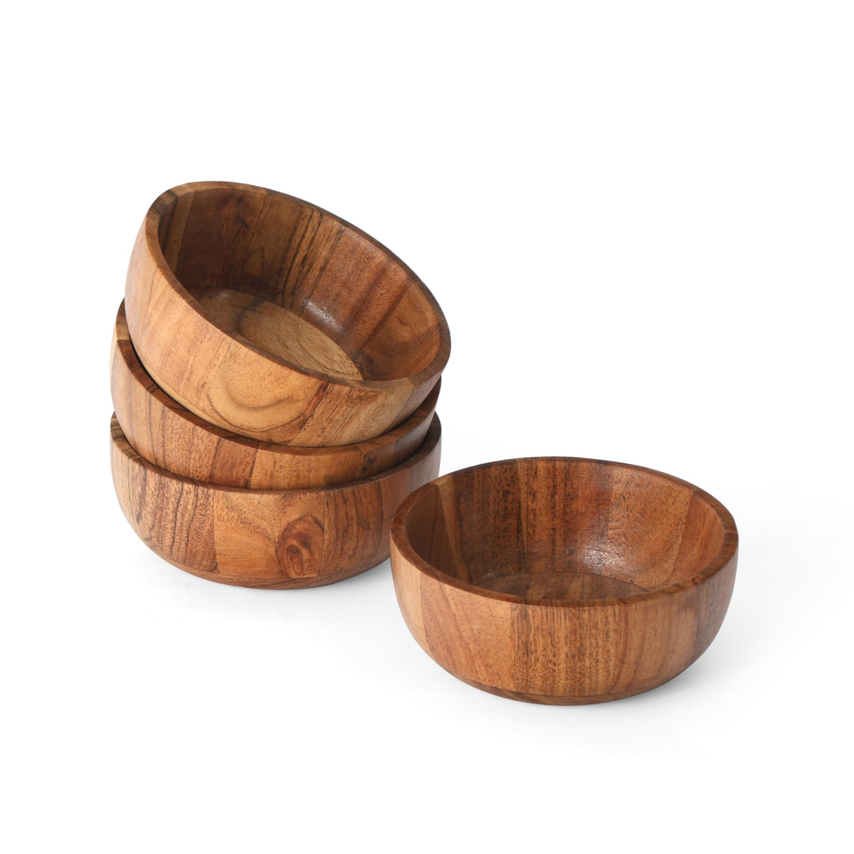 WEBHUSHI Acacia Wood Round Serving Bowls Set of 4 U Shape Handmade 4.75 Inch Medium Size Brown