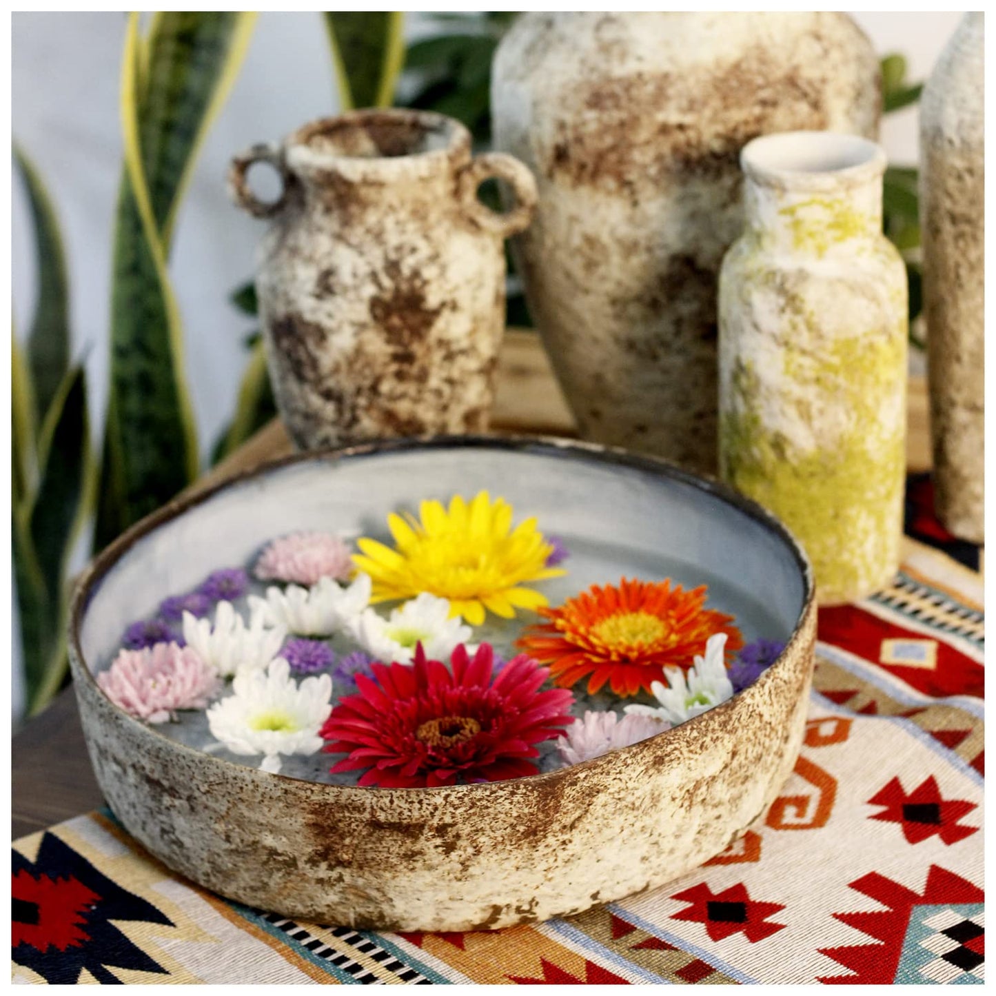 roro 12-Inch Handmade Ceramic Fruit Bowl & Decorative Planter – Large Rustic Serving Bowl with Textured Rustic Finish, Glazed Blue Interior for Dining & Home Decor