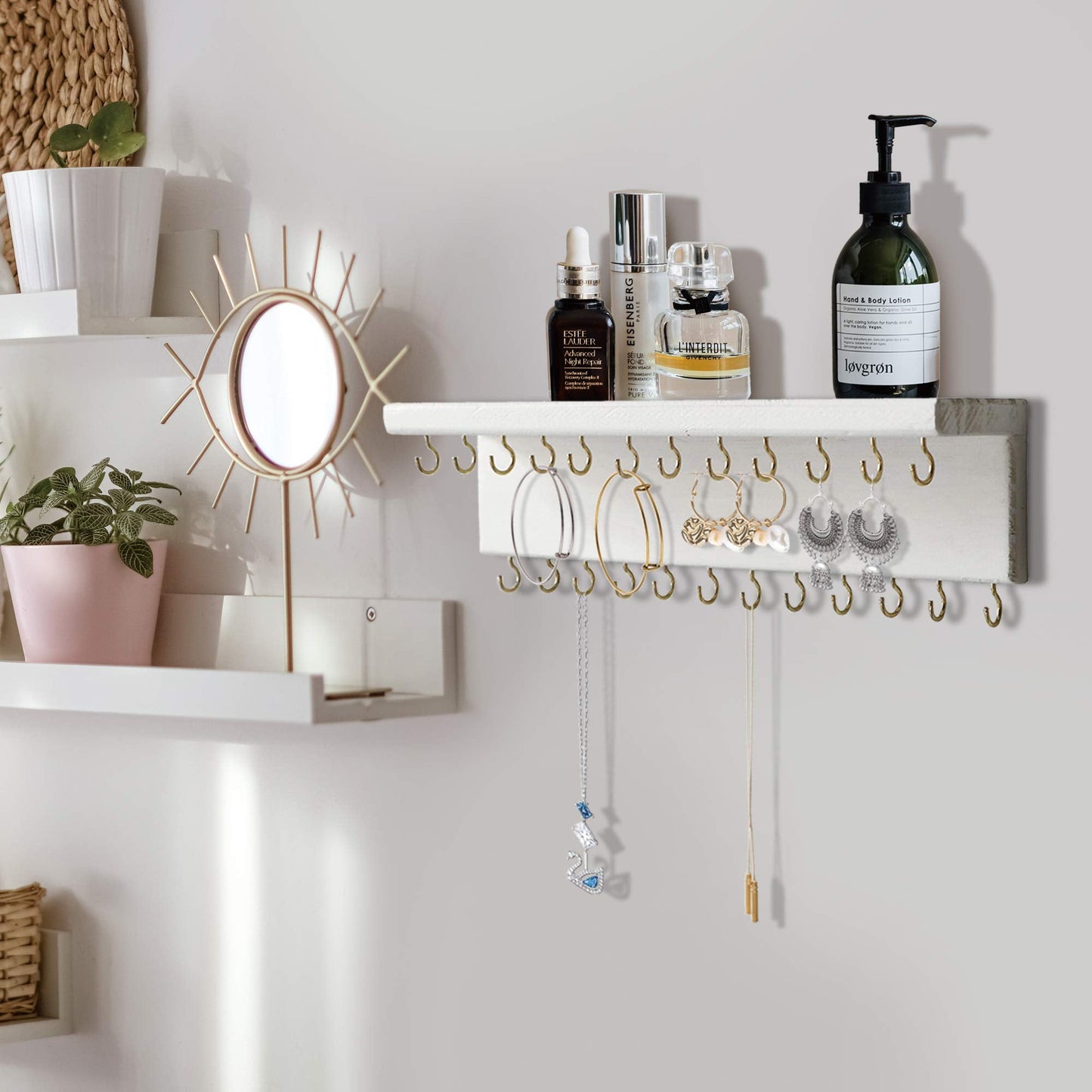 SANY DAYO HOME Jewelry Organizer with 30 Hooks and Cosmetics Shelf, 15 x 3 x 4 inches Wall Mounted Rustic Pine Wood Holder for Necklaces and Bracelets, Suitable for Kids and Adults (Retro White)