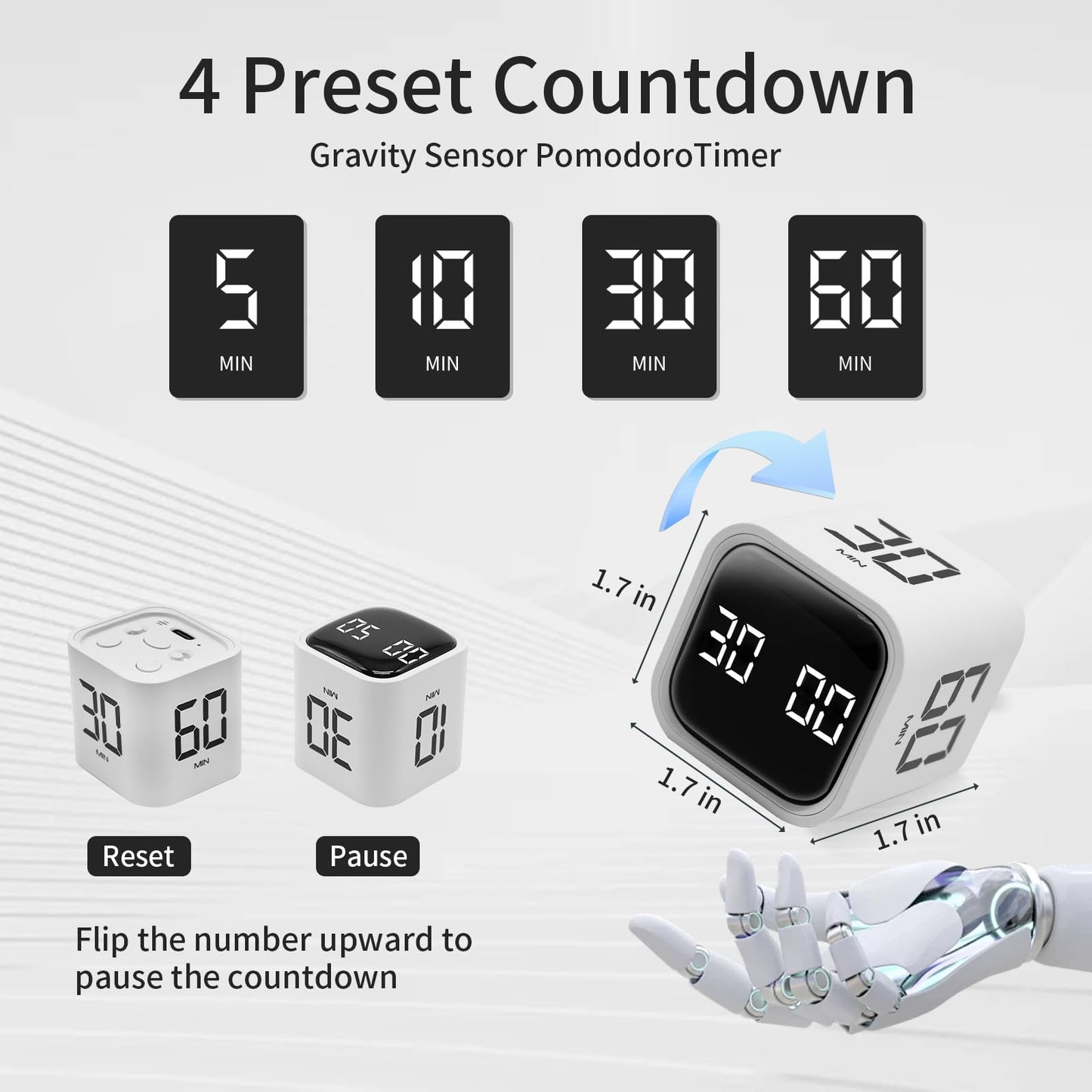 Productivity Timer Flip Gravity Sensor Cube Timer Countdown & Countup,Mute & Vibrate & Sound,5/10/30/60min & Custom Timing, Perfect for ADHD,Work,Learning,Kitchen Cooking (1White)