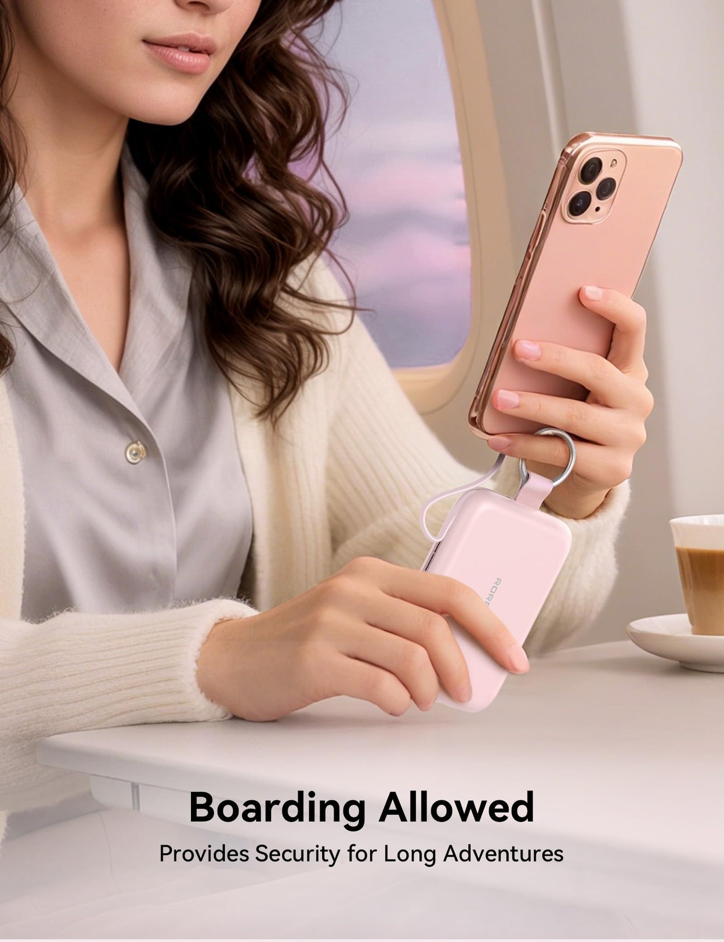 RORRY Portable Charger, 10000mAh PD 30W Fast Charging Portable Charger Power Bank with Built-in Cables, Travel Keychain Charger Battery Pack for iPhone 17/16/15/14/13/12, for AirPods 2/3/4/Pro, Pink