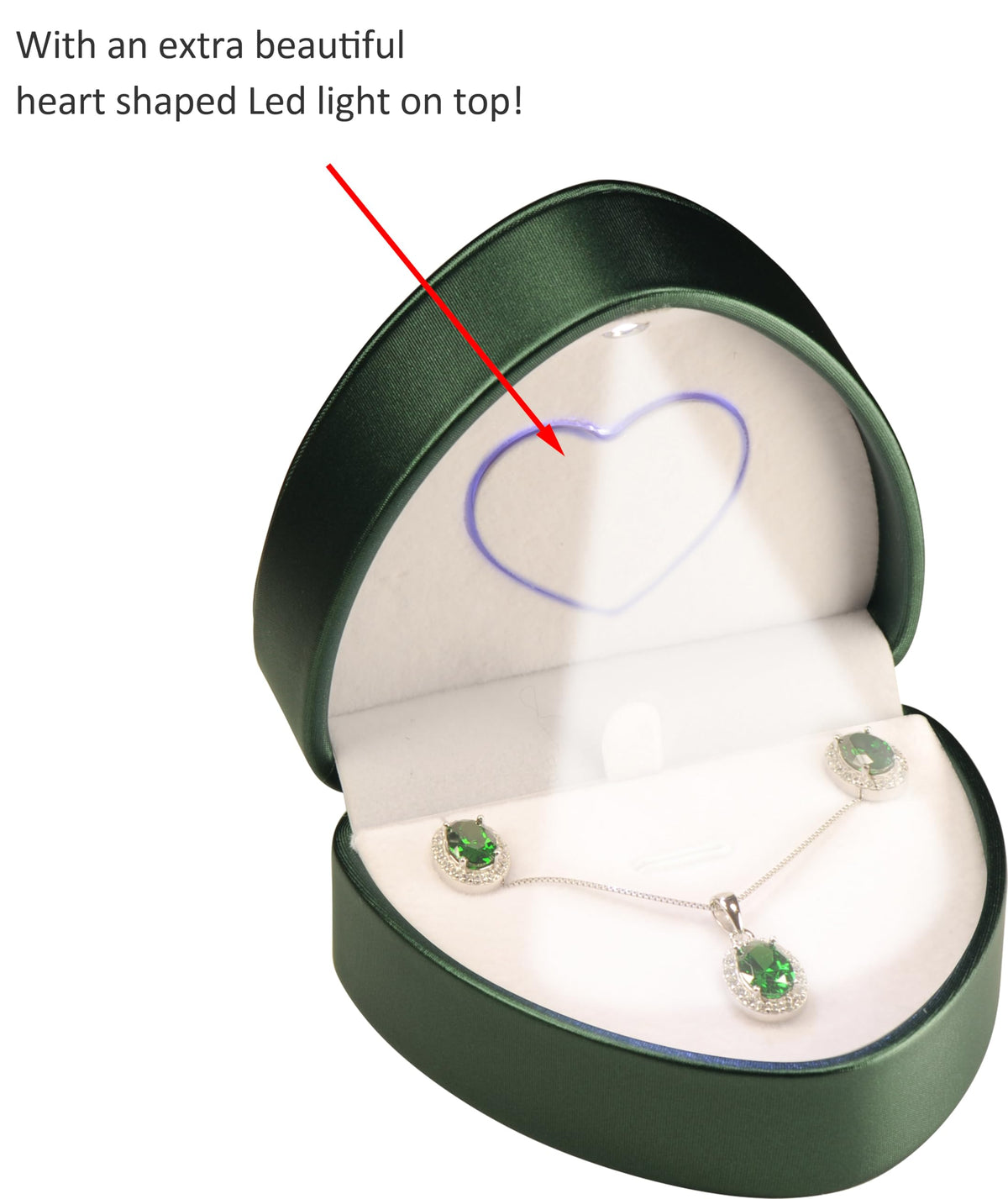 LED Necklace Earrings Box for Engagement, Wedding…Unique Designed Heart to Heart Idea PU Leather Heart Shaped Necklace Pendant Earring Jewelry Gift Holder Box with Light for Men for Women (Green)