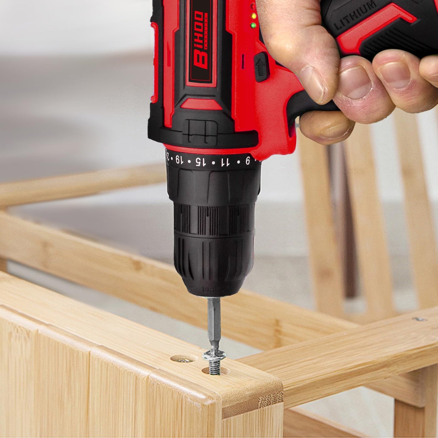 BIHOO Cordless Drill Set,20V Drill Driver with Battery and Charger,3/8-Inch Keyless Chuck, Variable Speed,with Drills Bits Set,Red