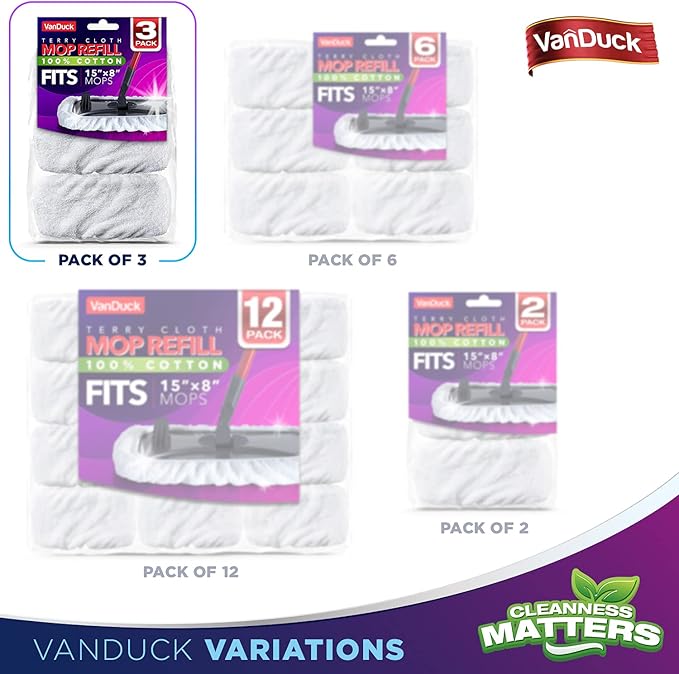 VanDuck 100% Cotton Terry Mop Pads 15x8 Inches 3-Pack, Terry Cloth Mop Covers