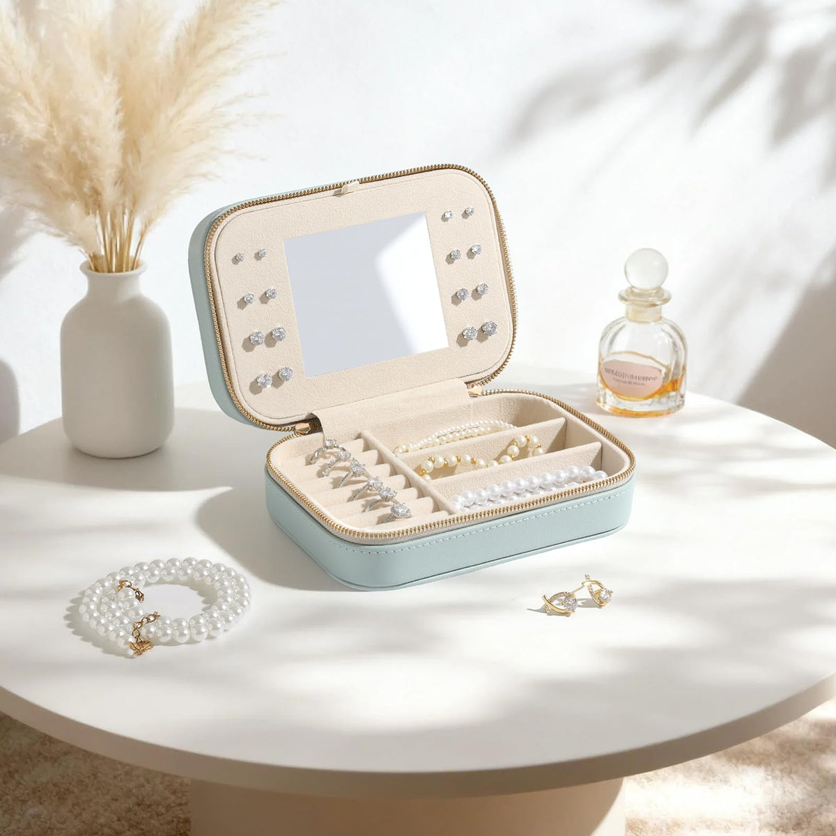 NGVRC Genuine Leather Travel Jewelry Organizer Case with Mirror for Women, Small Mini Portable Jewelry Box for Ring Earrings Necklace Bracelet Luxury Gift for Women(Cyan)