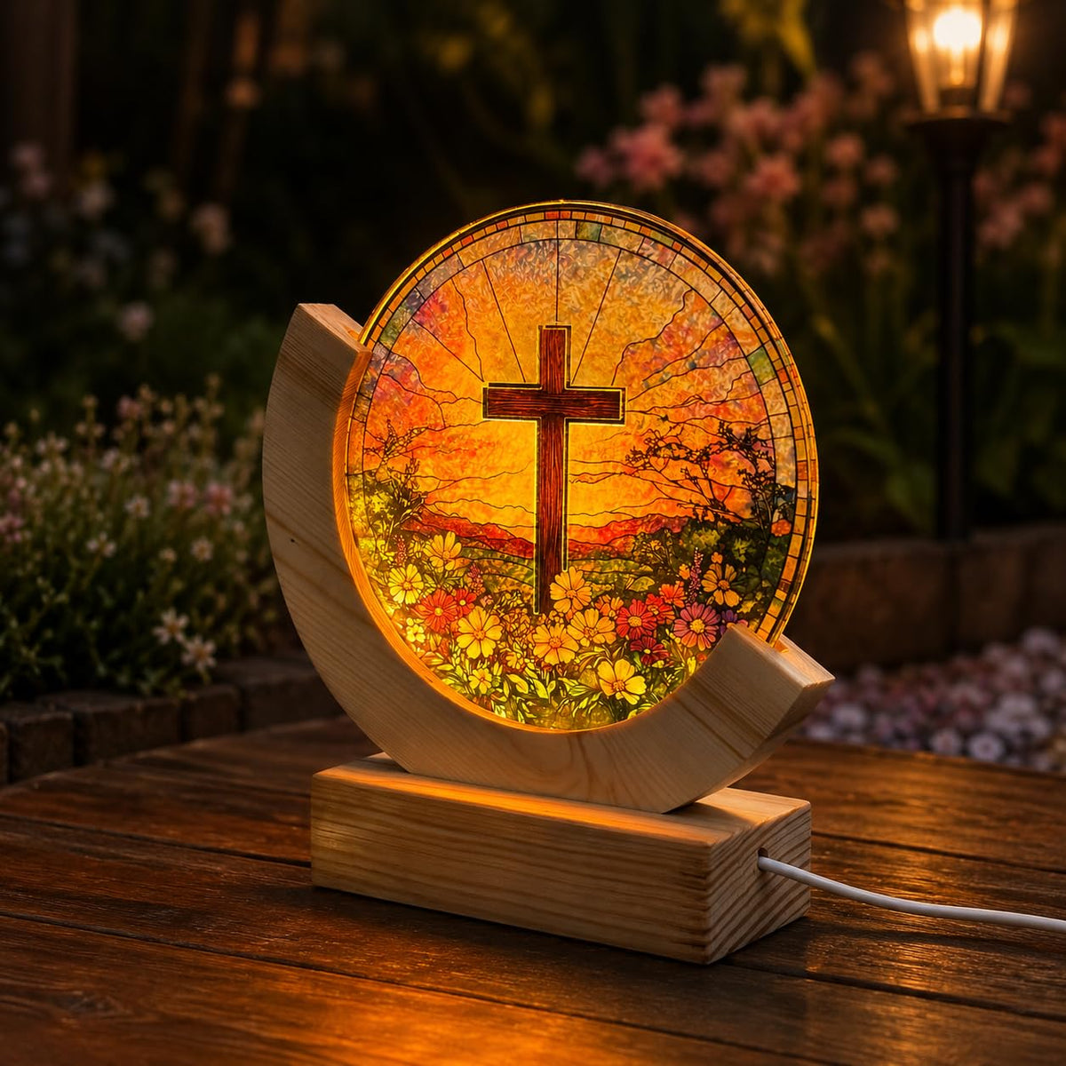 Christian Cross Stained Glass Night Light – Warm LED Glow, USB Powered, Solid Acrylic Plate with Wooden Base – Religious Home Decor Gift for Mom, Women, Christians, Easter, Christmas, Mother's Day