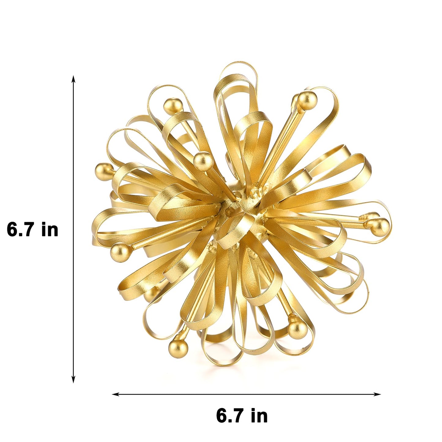 Retrome 6.7" Decorative Metal Starburst Tabletop Shelf Sculpture Accent, Gold Modern Table Decor, Looped Ribbon & Beads Edges Detailed