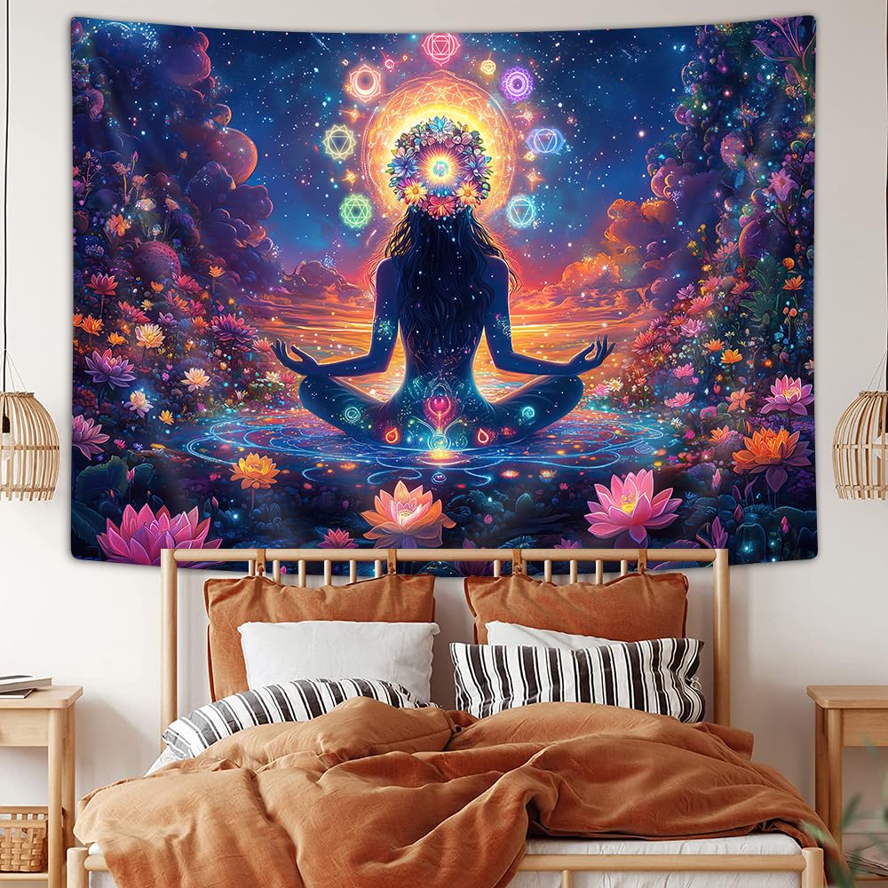DYNH Chakra Tapestry,Yoga Meditation Wall Hanging,Psychedelic Hippie Galaxy Space Lotus Spiritual Tapestries Zen Room Decor for Bedroom Living Room,60X40IN