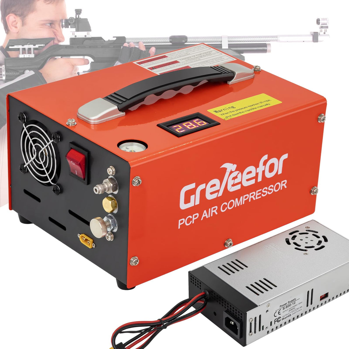 PCP Air Compressor, 4500 PSI / 30 MPa, Dual Power Car 12V DC or Home 110V/220V AC, Retractable Handle, Water/Oil-Free for Paintball/PCP Rifle/HPA Tank, Manual Stop, 250W, Orange