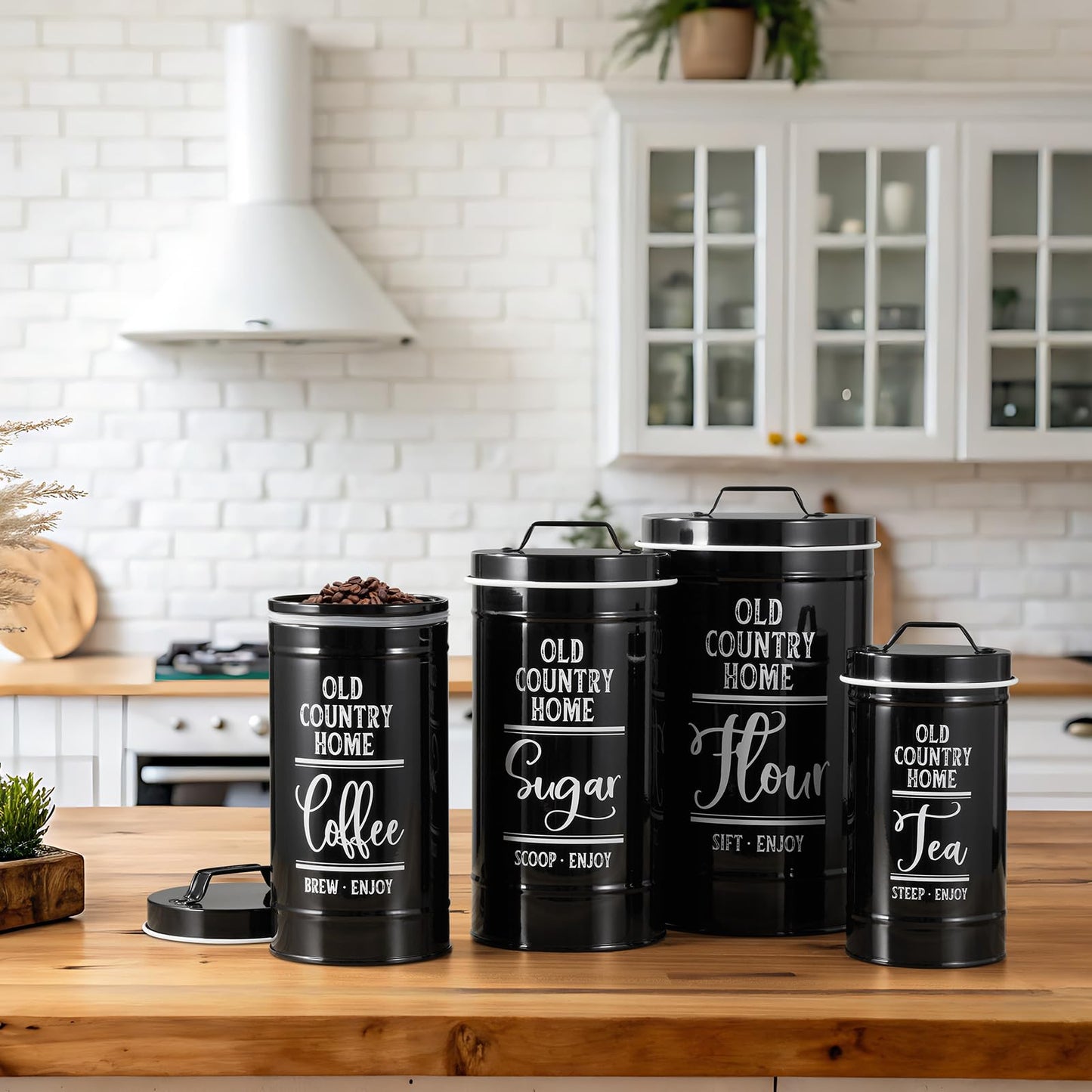 Bivvclaz Canisters Sets for the Kitchen, Airtight Kitchen Canisters for Countertop, Flour and Sugar Containers, Tea Coffee Sugar Canister Set, Coffee Bar Decor and Accessories, Set of 4, Black