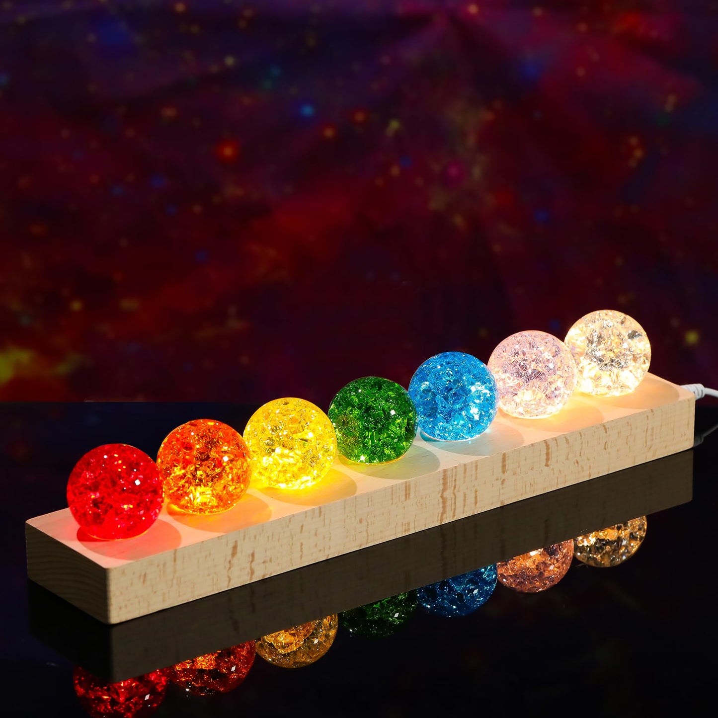 Ornalrist 7 Chakra Crystal Ball Ice Cracks Spheres with Wooden LED Light Base - 40mm Crystal Balls Set for Meditation Positive Energy Night Light Home Decoration