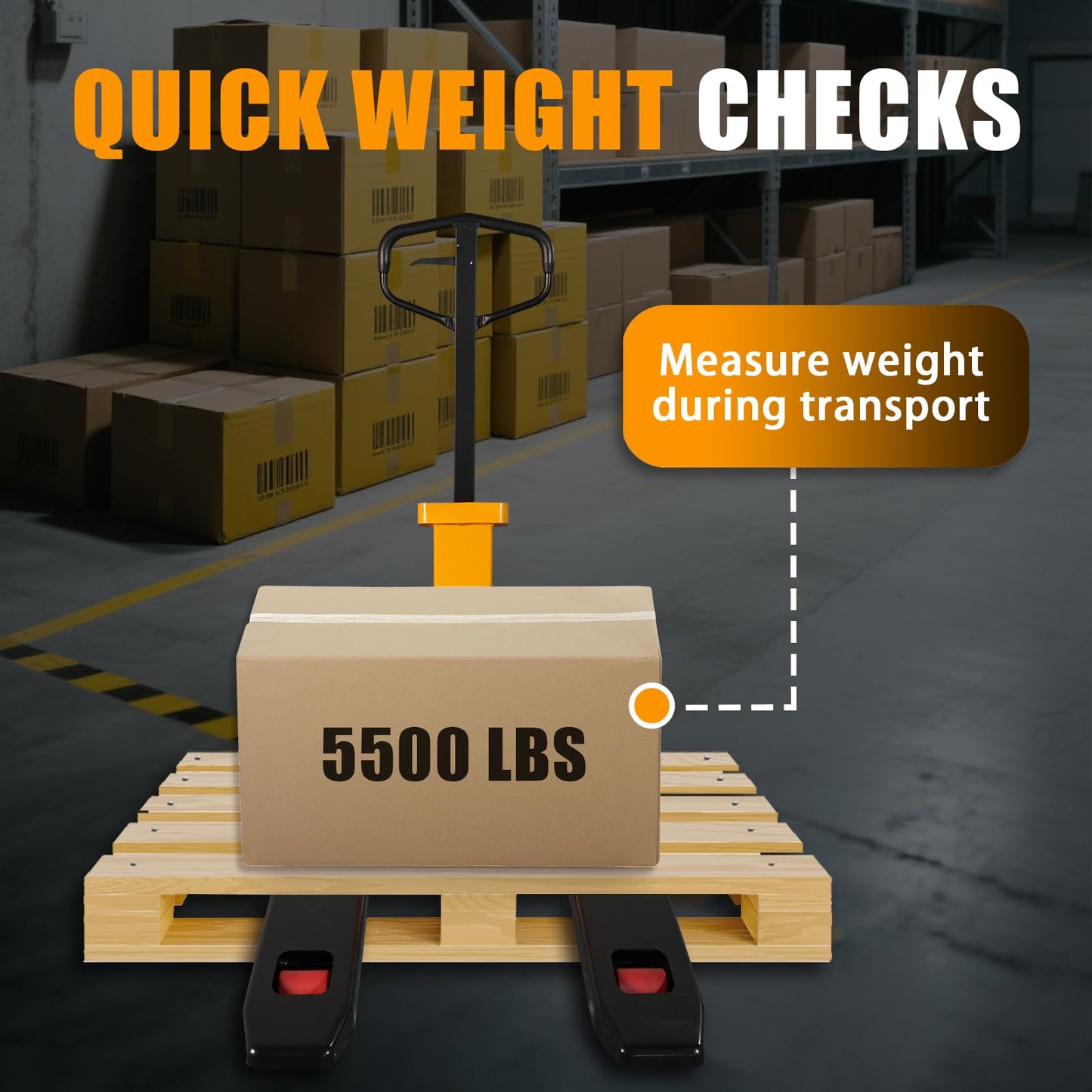 APOLLO Scale Pallet Jack 5500lbs Capacity, Lb/Kg Switchable Electronic Scale Manual Hand Truck, 0.1% Accurate, 45 x 27.7 Forks for Warehouse, Supermarket, Logistics Center