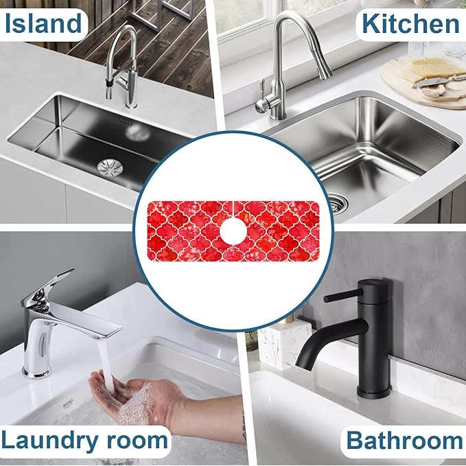 Watercolor Moroccan Marbled Kitchen Sink Splash Guard Faucet Mat Red Tiles