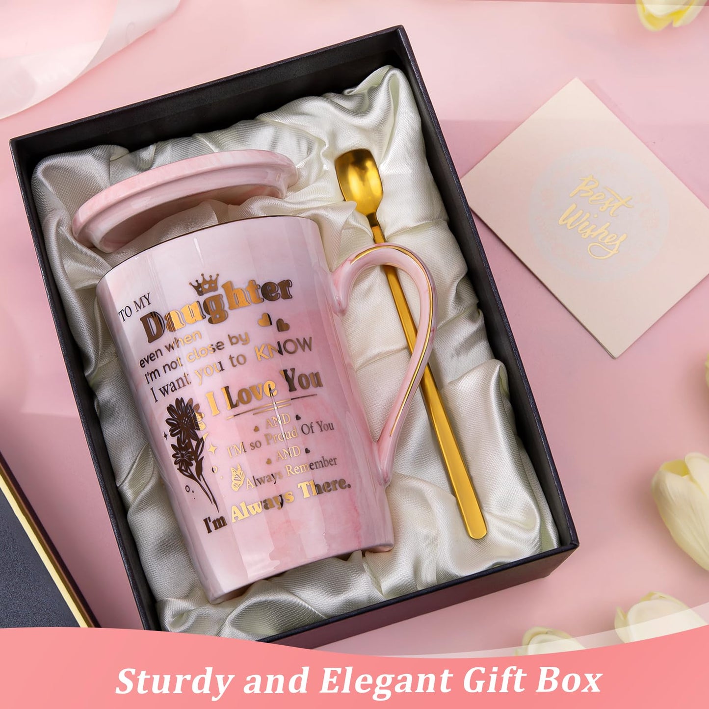 Daughter Birthday Gifts from Mom Dad - Unique 14oz Pink Marble Gold Print Coffee Mug, Lid, Spoon, Greeting Card, Presents for Wedding Blessing, Thanksgiving, Valentines, Graduation, Nice Gift Boxed