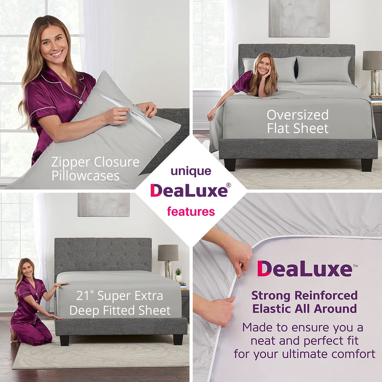 Extra Deep Pocket King Bed-Sheets – 4-Piece Includes: 18”-21” Inch Super Extra Deep Pocket Fitted Sheet – Real Oversize Flat Sheet – 2 Zipper Closure Pillowcases – King Size – Silver Light Gray