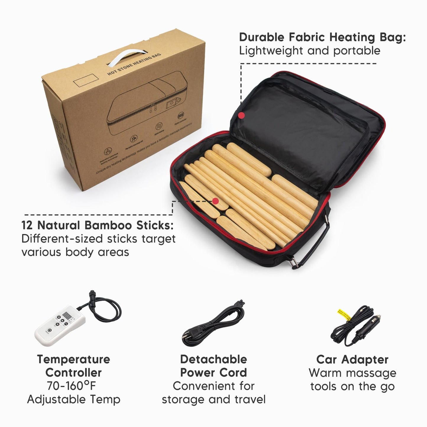 Goodtar Hot Bamboo Massage Warmer Bag w/ 12 PCS Warm Bamboo Sticks, Portable Professional Electric Heater for Stone, Digital Temperature Controller, Portable Heating Travel Bag (Black)