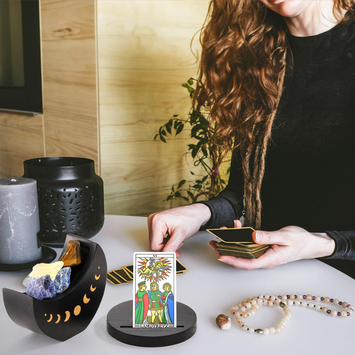 Eorbow Tarot Deck Holder with Moon Shape Case, Wood Tarot Card Display Box Stand, Moon Phase Daily Oracle Card Organizer, Witchcraft Decor Supplies for Crystal Stone Storage