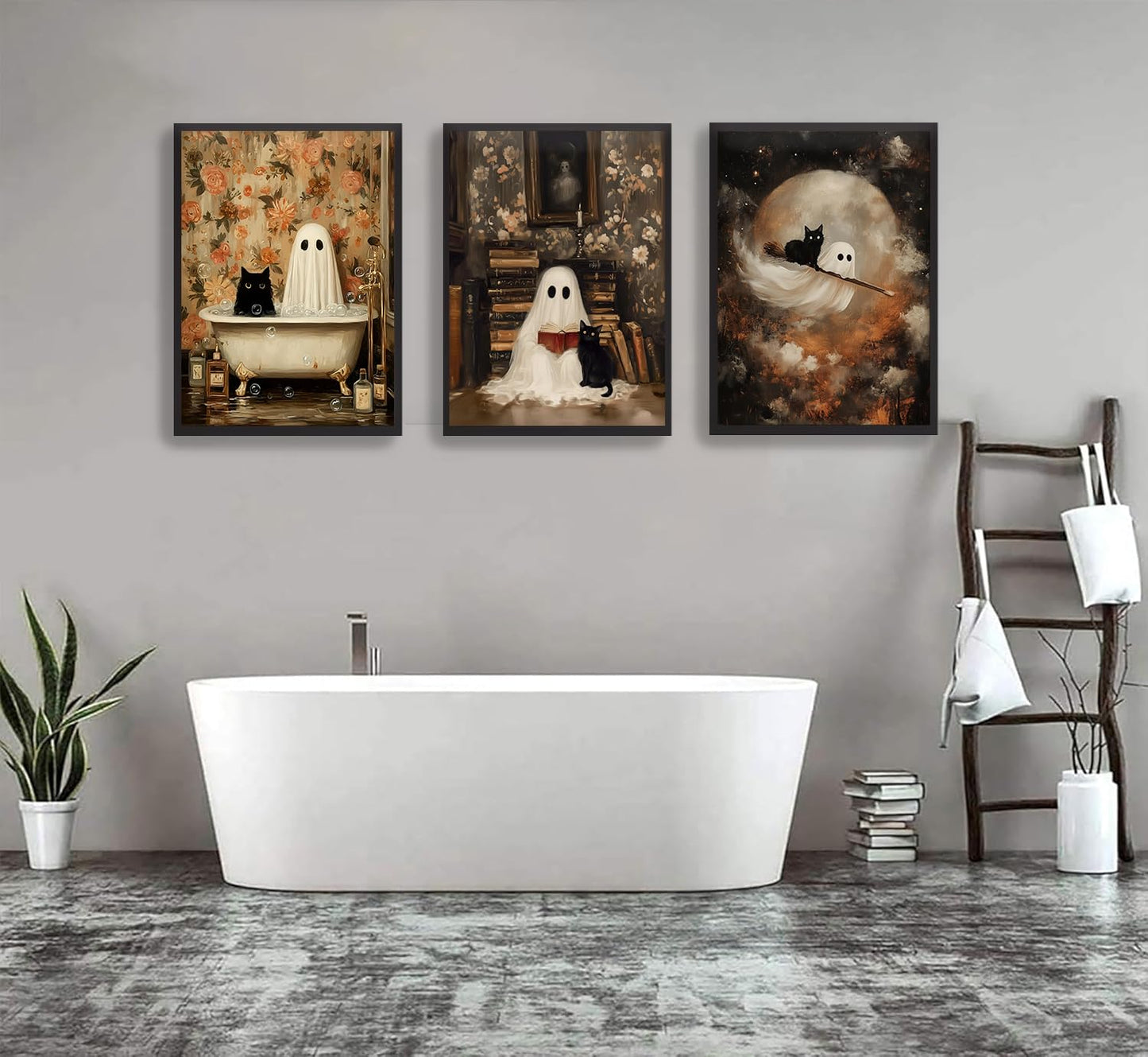 3Pcs Halloween Ghost Wall Art Funny Gothic Moody Ghosts and Black Cat Painting Picture Wall Decor Reading Horror Dark Academia Poster Print Artwork for Bathroom Livingroom Home Decoration Unframed