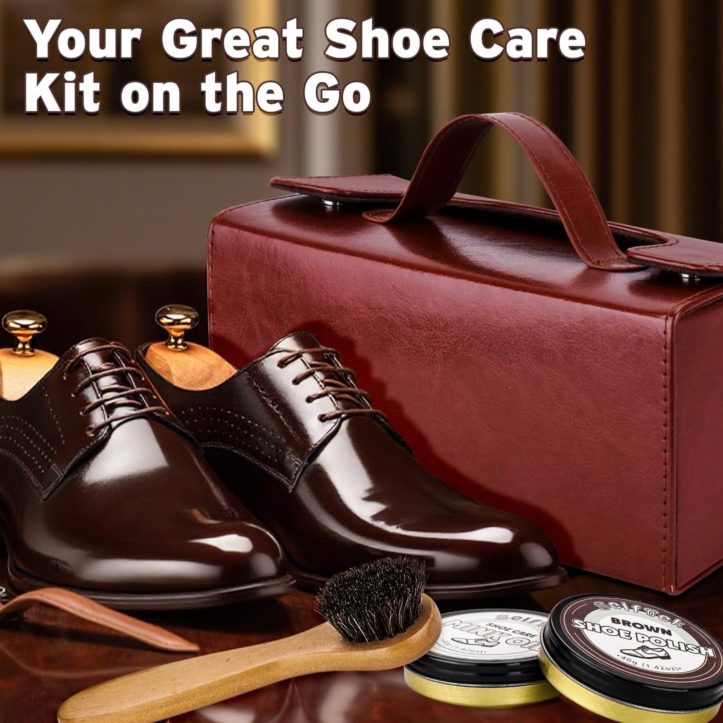 SelfTek Shoe Shine Kit - 15 PCS Shoe Polish Kit, Leather Boot Care Kit with Horsehair Brush and More with Portable Travel Case for Gentle Care Cleaning, Birthday Gifts for Men