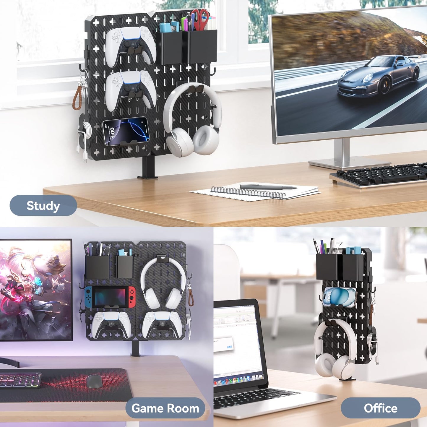 KDD 7 in 1 Clamp-on Desk Pegboard - No Drill Desk Side Storage with Phone Stand/Pen Holder/Storage Box/Headset & Controller Holder/Hooks, Detachable Gaming Pegboard for Office & Home Desktop Organizer