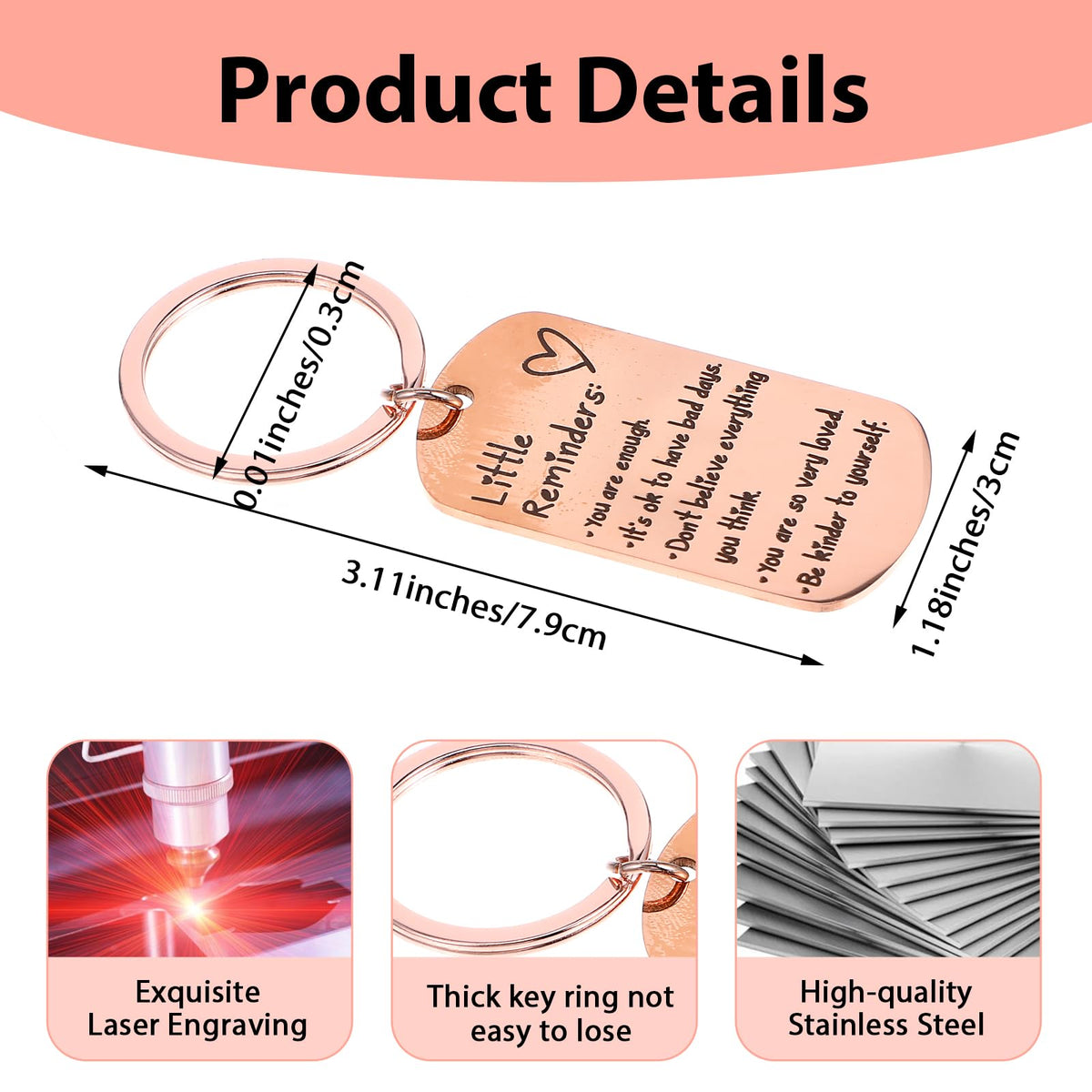Heclia 3 PCS Litter Reminders Keychain Inspiration Keychain Gifts for Women Men Mental Health Gifts Set Affirmation You Are Enough Keyring Printed Encouraging Quotes Key (Black, Silver, Rose Gold)