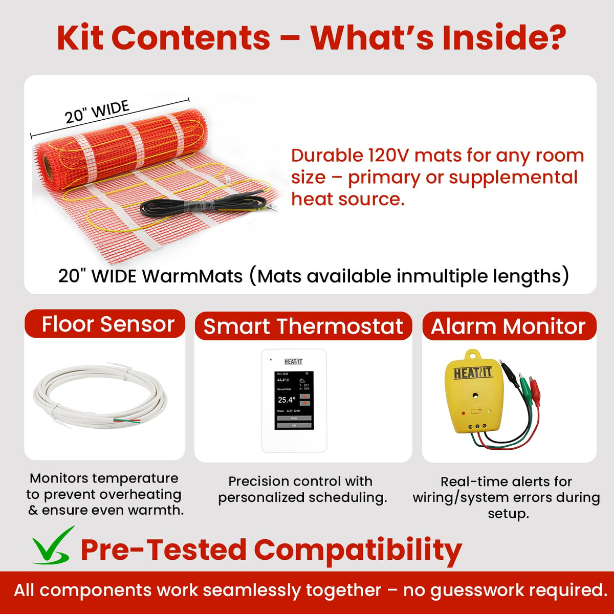 30 sqft HEATIT Warmmat Electric Radiant Self-adhesive Floor Heat Heating System & ET-7AW Thermostat & Alarm Monitor