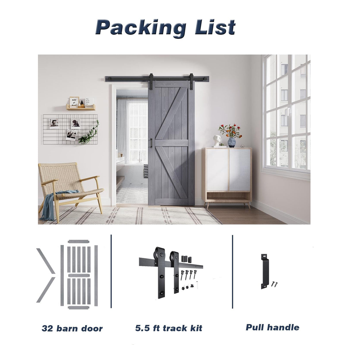 FREDBECK 32in x 80in Gray Wood Barn Door Slab with 5.5ft (66inch) Barn Door Hardware Track Kit Included, Double Surfaces,Simple Assembly is Required,K-Frame,Grey