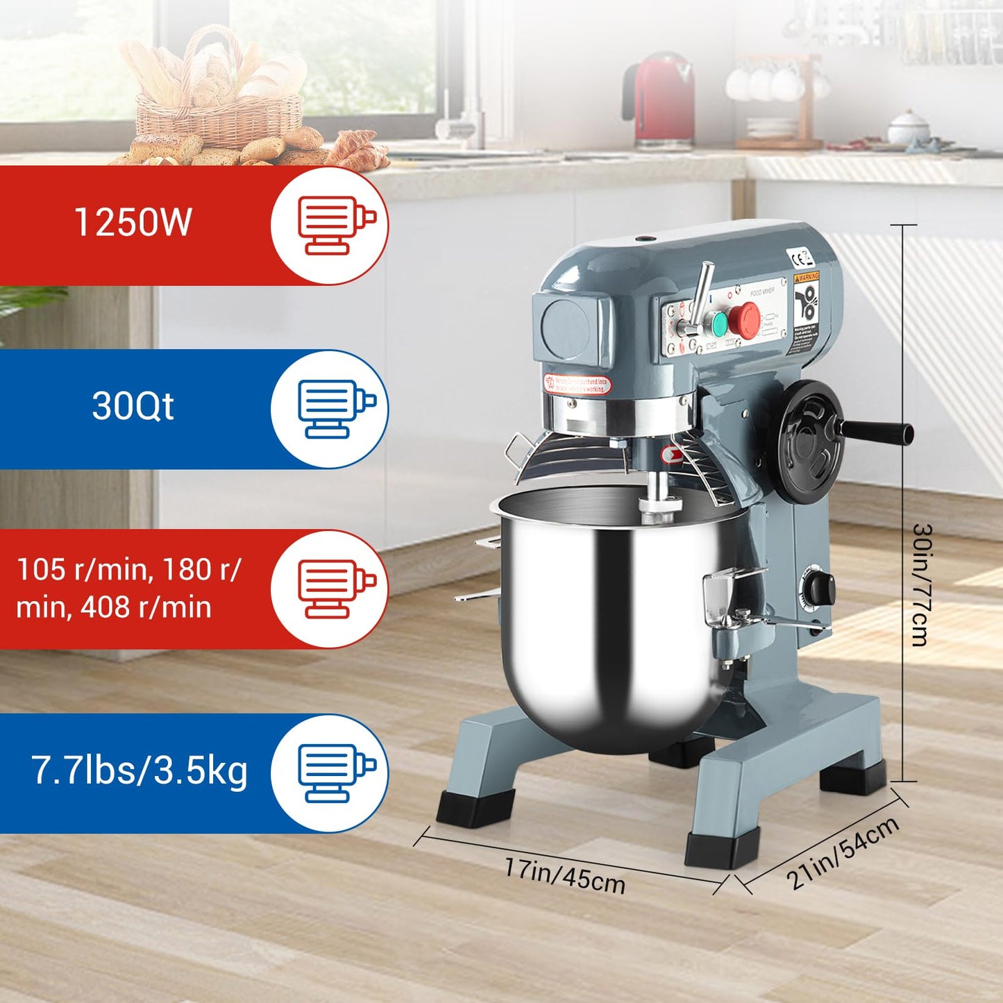 Commercial Food Mixer 30Qt, Heavy Duty Commercial Stand Mixer with 3 Speeds Adjustable, 1250W Electric Dough Mixer with Stainless Steel Bowl, Dough Mixer Timing Function for Bakeries Pizzerias