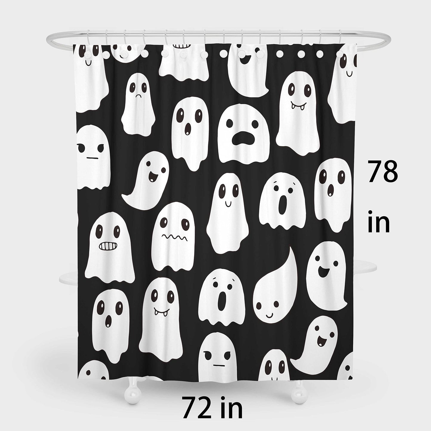 SHENGJUN 72x78 Inches Halloween Ghost Shower Curtain, Spooky Cute Funny Cartoon Ghosts Icons Black and White Fabric Kids Boy Trick or Treat Bathroom Shower Curtain with 12 Hooks