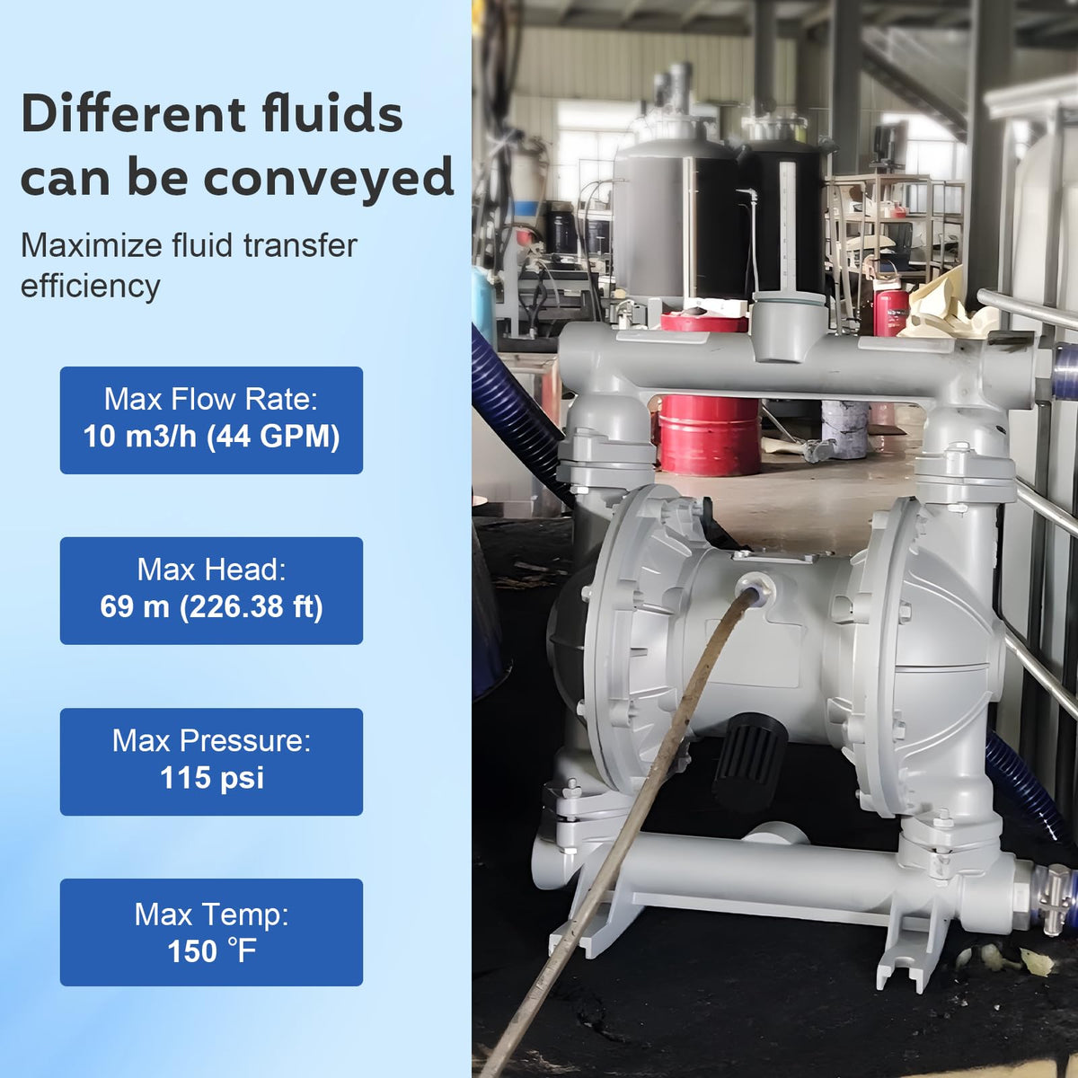 Air Operated Double Diaphragm Pump 1-1/2 inch Inlet & Outlet, 44GPM, Max 115PSI Air Waste Oil Pneumatic Transfer Pump with 2 Extra Diaphragms,Air Diaphragm Pump Aluminum Alloy, QBK_40L