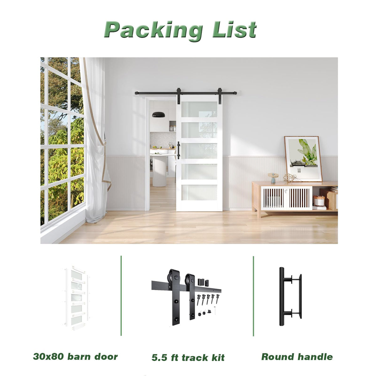 Fredbeck 30x80 White Glass Barn Door with 5.5FT 66inch Sliding Doors Hardware Kit Included,PVC Surface,Water-Proof,Water-Proof,Easy to Assembly